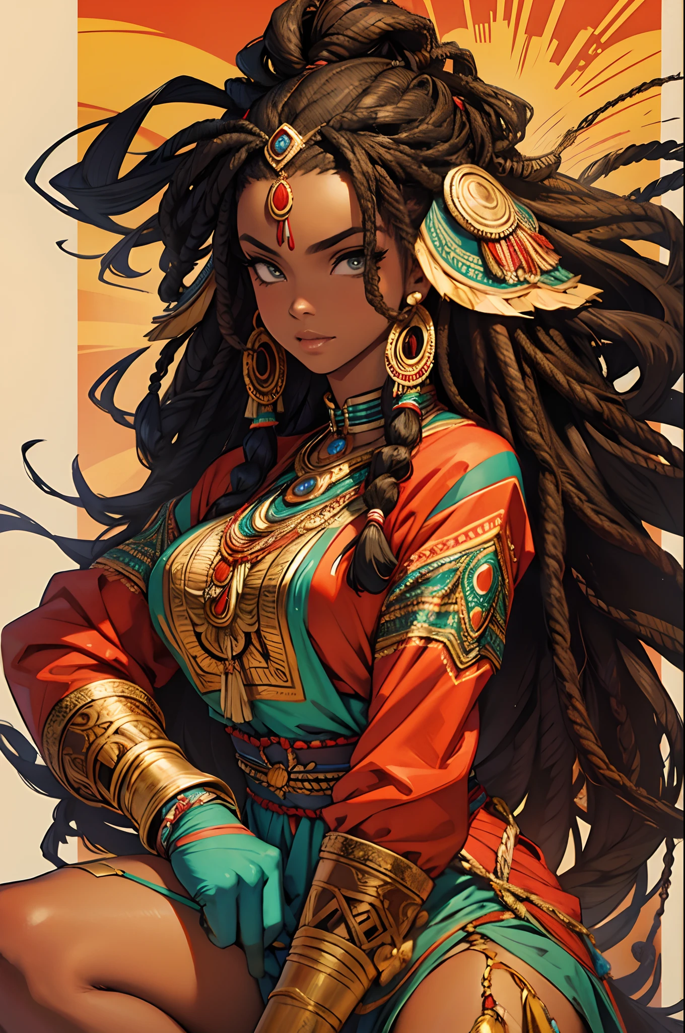 African Woman. African Hair. Indian Fighting Clothes. Long African Hair. African Hair