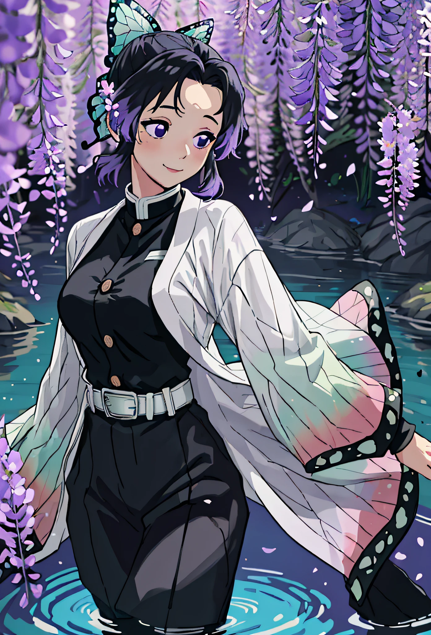 masterpiece, best quality, ultra-detailed, illustration, 1girl, solo, kochou shinobu, multicolored hair, no bangs, hair intakes, purple eyes, forehead, wisteria, black shirt, black pants, haori, butterfly, standing waist-deep in the crystal clear water of a tranquil pond, peaceful expression, surrounded by lush green foliage and wildflowers, falling petals, falling leaves, large breasts, cowboy shot, buttons, belt, light smile, (no hand:1.2), heart-shaped pupils,