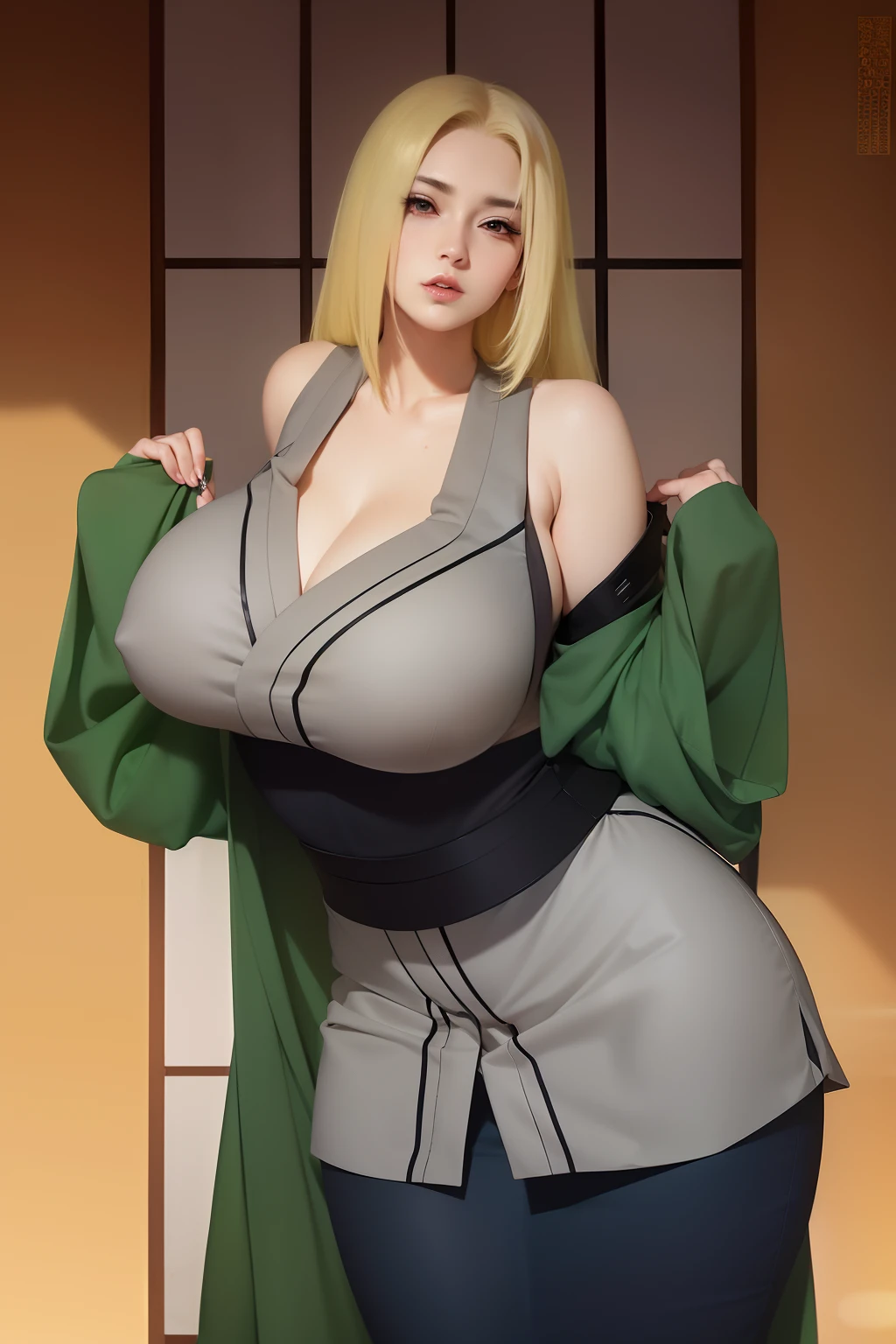 real Life adaption of this character,her name is Tsunade senju from anime naruto ,hyper realistic ,very realistic detailed yellow hair, high resolution, photorealistic,very detailed,very realistic outfit, Japanese face,detailed shining eyes, calm expression,realism,
