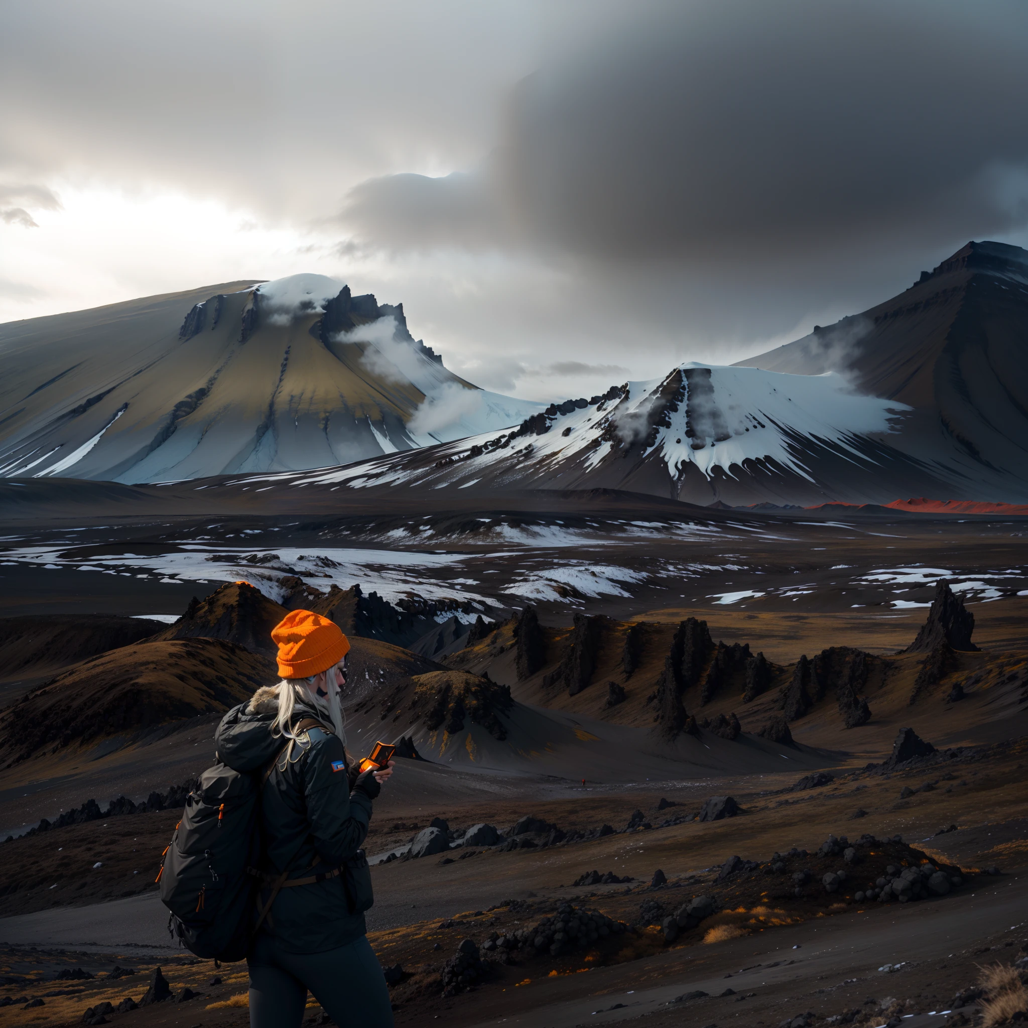 There was a woman standing on a rocky mountain looking at a mountain, iceland photography, in volcano, In the volcano, standing close to volcano, iceland hills in the background, volcano landscape, in volcano, with a volcano in the background, iceland, volcano in background, sci-fi of iceland landscape, volcano in background, volcano landscape, ominous figure in the background