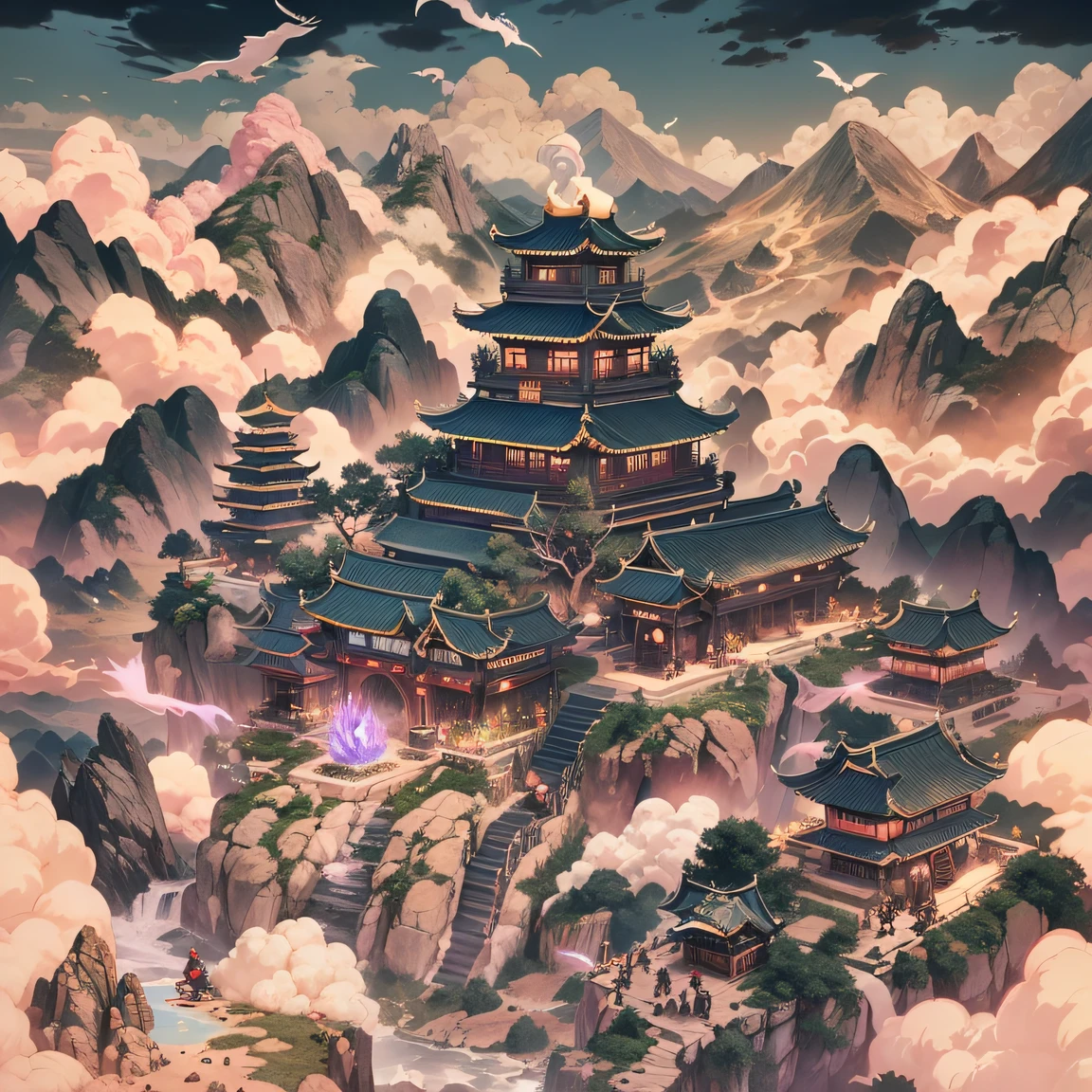 style of anime，Taoist fairy，Huangshan people，floated hair，Arm carving，Black hair all over，Delicate gradient shoes，Eye portrayal，Delicate black hair，Popmart blind box，Clay texture，Treading on the ground，starryskybackground，natural  lightting，Best quality at best，Hyper-detailing，arte 3D，C4D, OC renderer, a 3D render, 8K，45 degree viewing angle，Multiple expressions，Soundtrack animation，dynamicposes，Fengshan Mountain, the southwestern corner of the Great Zhou Dynasty, is the tallest and most precipitous mountain in this group，Legend has it that a mythical beast phoenix once landed on this mountain，Hence the name。There are many heavenly materials and earth treasures in Luofeng Mountain, which are all important materials for refining elixirs，But it is occupied by ghosts，And laid a maze at the foot of the mountain，In the maze is a toxic mist，There are also many poisonous insects，Poisonous beasts。Even if it is a person from the ghost sect，It is also necessary for the sect elders to take the only route，to go up the mountain safely。And Falling Phoenix Mountain is forbidden to fly，Anyone flying regardless of the sword，Or use magic weapons and spirit beasts can't fly here，It is said that this may be a prohibition under the gods，So far, no one has cracked it