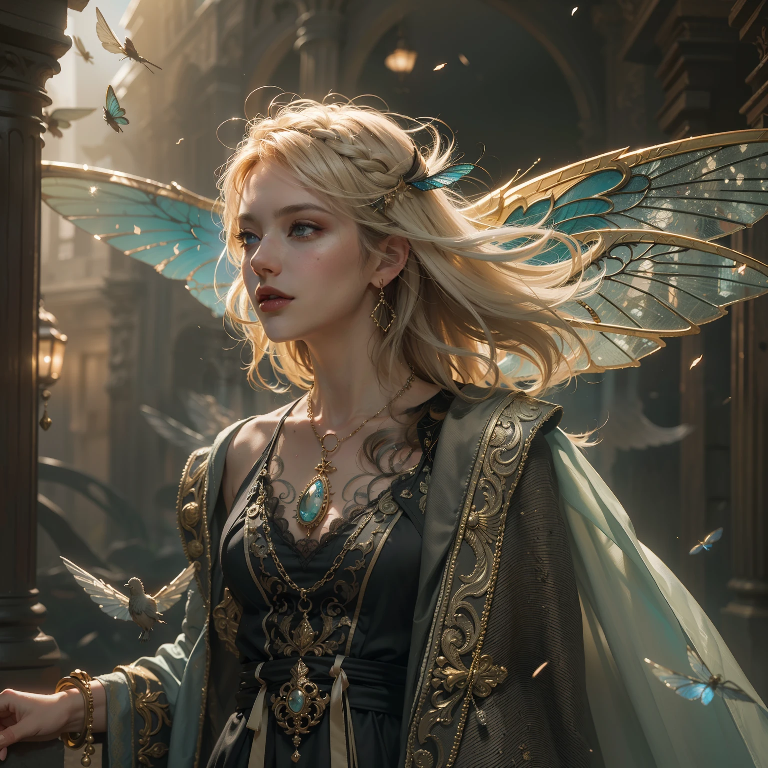 Taylor swift as (Numerous award-winning masterpieces, with incredible detail, textures and maximum detail), (full-body standing image:1.8), (upper body up:0.3), (hyper realistic:1.4), (realistic:1.3), (best quality real texture skin), (Beautiful fairy high rank wizard: 1.7), (holds a long wizard's staff that is elaborately decorated and emits a mysterious light: 1.7), (finely detailed true circle Symmetrical eyes), (finely drawn beautiful face), ((medieval world)), (Wearing a wizard's black hat: 1.6), (A jet-black cloak with delicate decorations: 1.6), (A cloak with delicate decorations, although it is damaged and faded: 1.5), (full-body standing image:1.8), (Beautiful clear eyes), (slight smile), (beautiful colored eyes full of joy), (Advanced fairy wizard who releases magic from his fingertips: 1.3), (Shining majestic cloud masses and sky:1.4), (Magic circle that emits light strongly: 1.3), Dramatic Light, majestic sight, (Four large, transparent wings with wing veins similar to dragonfly wings behind the shoulders: 1.9), (((folded wings))), Glass earrings on the ears, (((dramatic photo))), (full-body standing image:1.8), (golden hair), (silver hair), (chestnut hair), Short cut hair, ((looks up)), ((looking down)), (Around her neck is a simple necklace of exquisite workmanship), Old ruins infested with plants, great temple, great cathedral, temple ruins, detached temple, (Luminous magic circle), Ruins of an ancient castle, Deserted ruins, crumbling ruins, Ancient ruins with clear water, highly detailed, ultra-realistic, intricate details, painting (artwork), ((masterpiece,best quality)), ((cinematic light)), hyper realistic, fearsome, dark fantasy, Sacred Light, epic realistic, faded, ((neutral colors)), art, (hdr:1.5), (muted colors:1.2), hyper detailed, (art station:1.5), cinematic, warm lights, light effect, dramatic light, (intricate details:1.1), complex background, (Greg Rutkowski:0.8), (teal and orange:0.4), Wood Kingdom in background