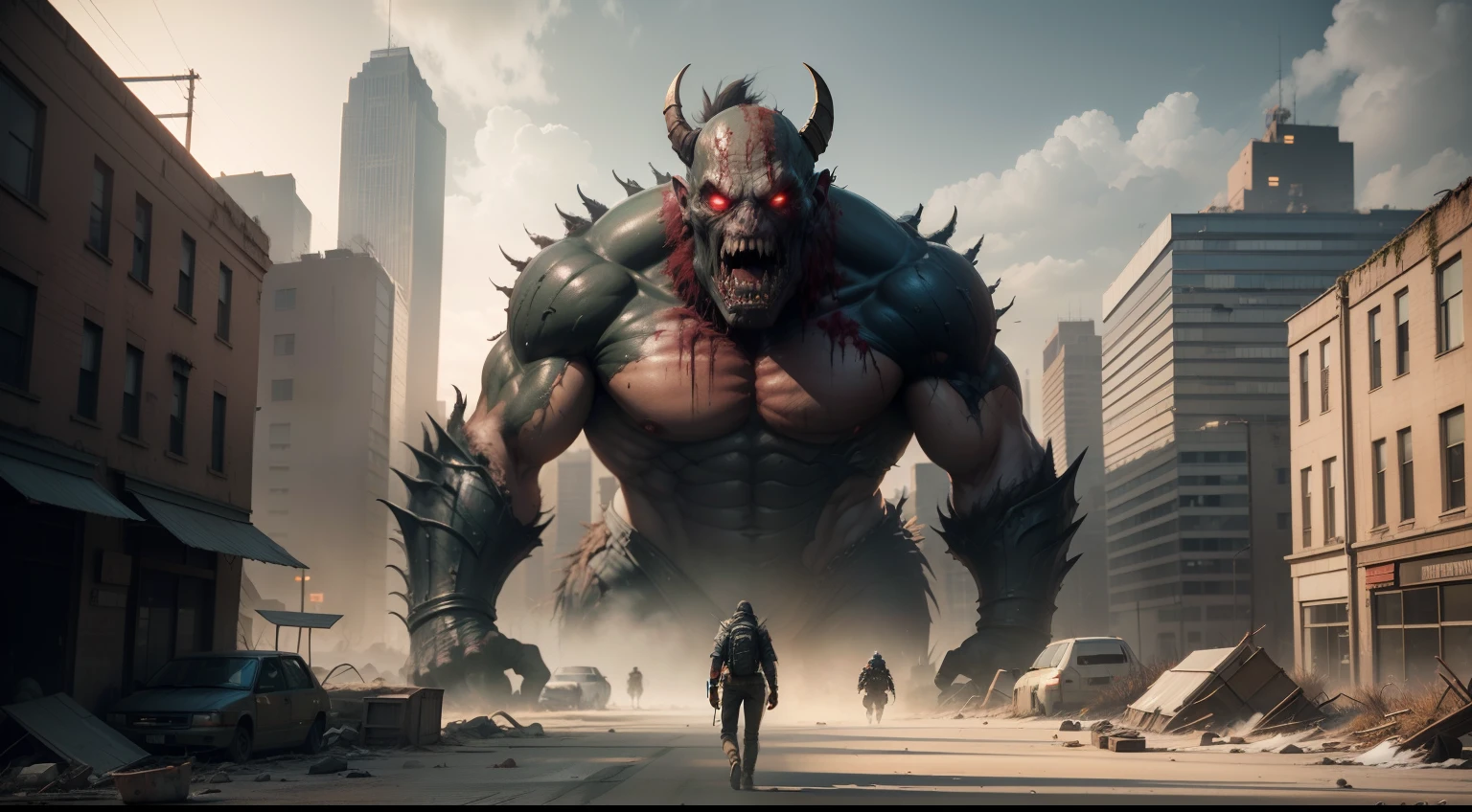 super fine photo, landscape picture, Unreal Engine 5 8K UHD, ultra high resolution, game cinematic, zombie apocalypse, post-apocalypse environment, colossal monster walking, abandoned city, morning background, best quality, masterpiece, 8K UHD wallpaper, super detailed.