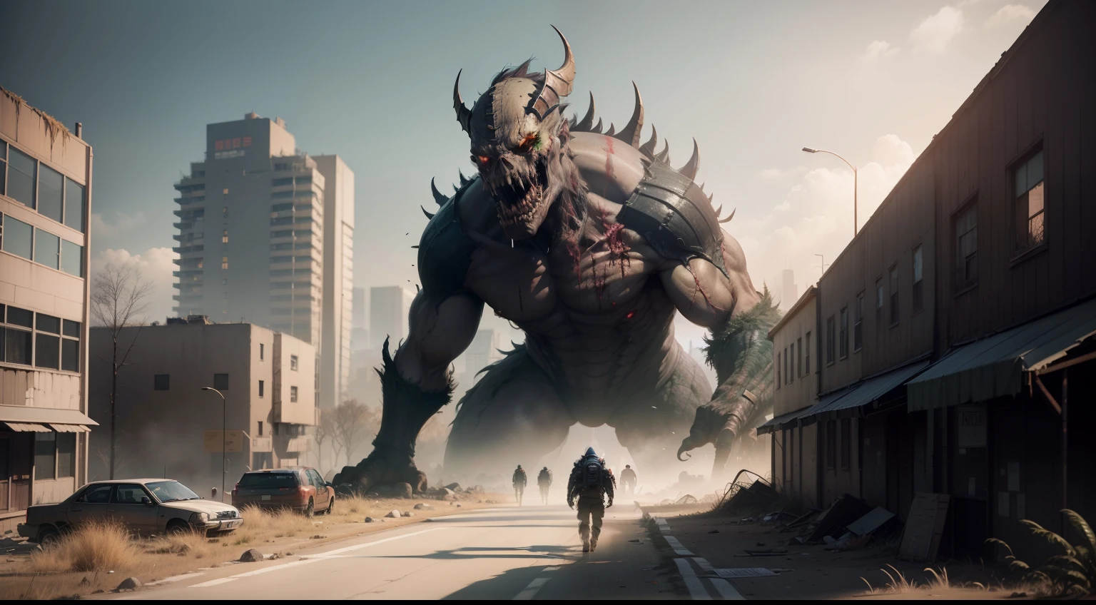 super fine photo, landscape picture, Unreal Engine 5 8K UHD, ultra high resolution, game cinematic, zombie apocalypse, post-apocalypse environment, colossal monster walking, abandoned city, morning background, best quality, masterpiece, 8K UHD wallpaper, super detailed.