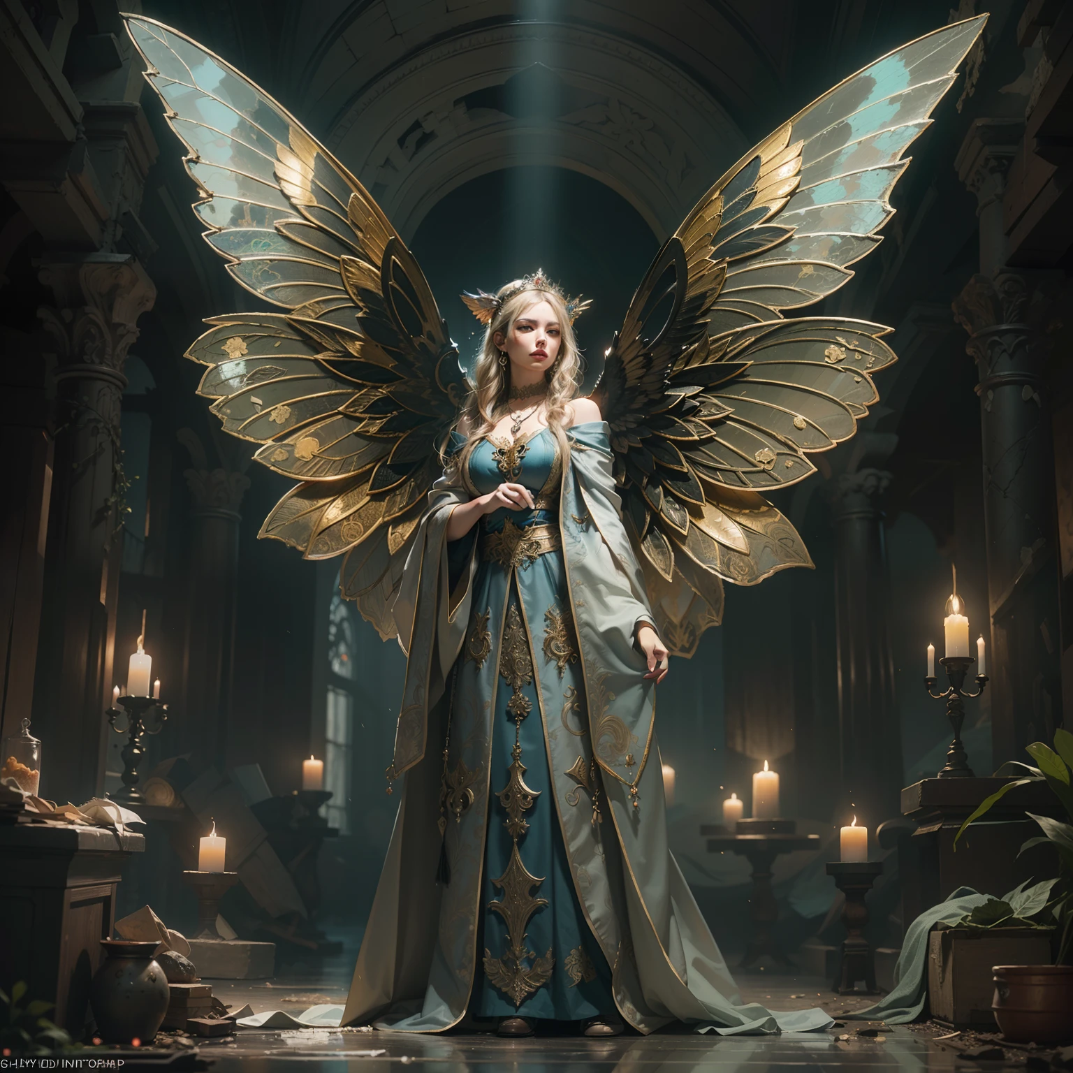 Taylor swift as (Numerous award-winning masterpieces, with incredible detail, textures and maximum detail), (full-body standing image:1.8), (upper body up:0.3), (hyper realistic:1.4), (realistic:1.3), (best quality real texture skin), (Beautiful fairy high rank wizard: 1.7), (holds a long wizard's staff that is elaborately decorated and emits a mysterious light: 1.7), (finely detailed true circle Symmetrical eyes), (finely drawn beautiful face), ((medieval world)), (Wearing a wizard's black hat: 1.6), (A jet-black cloak with delicate decorations: 1.6), (A cloak with delicate decorations, although it is damaged and faded: 1.5), (full-body standing image:1.8), (Beautiful clear eyes), (slight smile), (beautiful colored eyes full of joy), (Advanced fairy wizard who releases magic from his fingertips: 1.3), (Shining majestic cloud masses and sky:1.4), (Magic circle that emits light strongly: 1.3), Dramatic Light, majestic sight, (Four large, transparent wings with wing veins similar to dragonfly wings behind the shoulders: 1.9), (((folded wings))), Glass earrings on the ears, (((dramatic photo))), (full-body standing image:1.8), (golden hair), (silver hair), (chestnut hair), Short cut hair, ((looks up)), ((looking down)), (Around her neck is a simple necklace of exquisite workmanship), Old ruins infested with plants, great temple, great cathedral, temple ruins, detached temple, (Luminous magic circle), Ruins of an ancient castle, Deserted ruins, crumbling ruins, Ancient ruins with clear water, highly detailed, ultra-realistic, intricate details, painting (artwork), ((masterpiece,best quality)), ((cinematic light)), hyper realistic, fearsome, dark fantasy, Sacred Light, epic realistic, faded, ((neutral colors)), art, (hdr:1.5), (muted colors:1.2), hyper detailed, (art station:1.5), cinematic, warm lights, light effect, dramatic light, (intricate details:1.1), complex background, (Greg Rutkowski:0.8), (teal and orange:0.4), Wood Kingdom in background