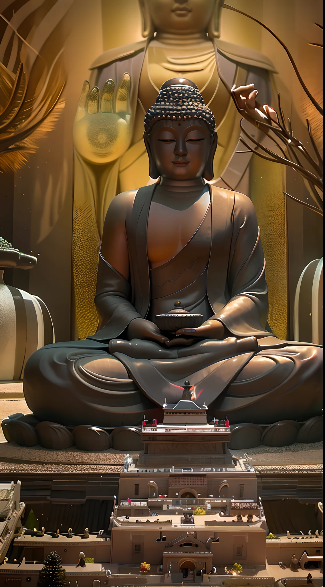 Maitreya, Maitreya Buddha, Maitreya, a large golden Buddha statue sitting in a room with a blue ceiling and a background of blue sky, clouds, above_clouds, airship, aurora, bridge, building, castle, chimney, city, city_lights, cityscape , clock, clock tower, clouds, cloudy sky, constellations, crescent, desert, earth_\(planet\), fireworks, floating islands, fountains, galaxies, glowing, houses, islands, lampposts, lanterns, light particles , galaxy, moon, mountain, night, night sky, no_humans, planet, landscape, meteor, sky, skyline, skyscraper, snow, snowing, space, star_\(sky\), star_\(symbol\), starry_sky, starry_sky_print, telescope, tower, town, twilight, ship