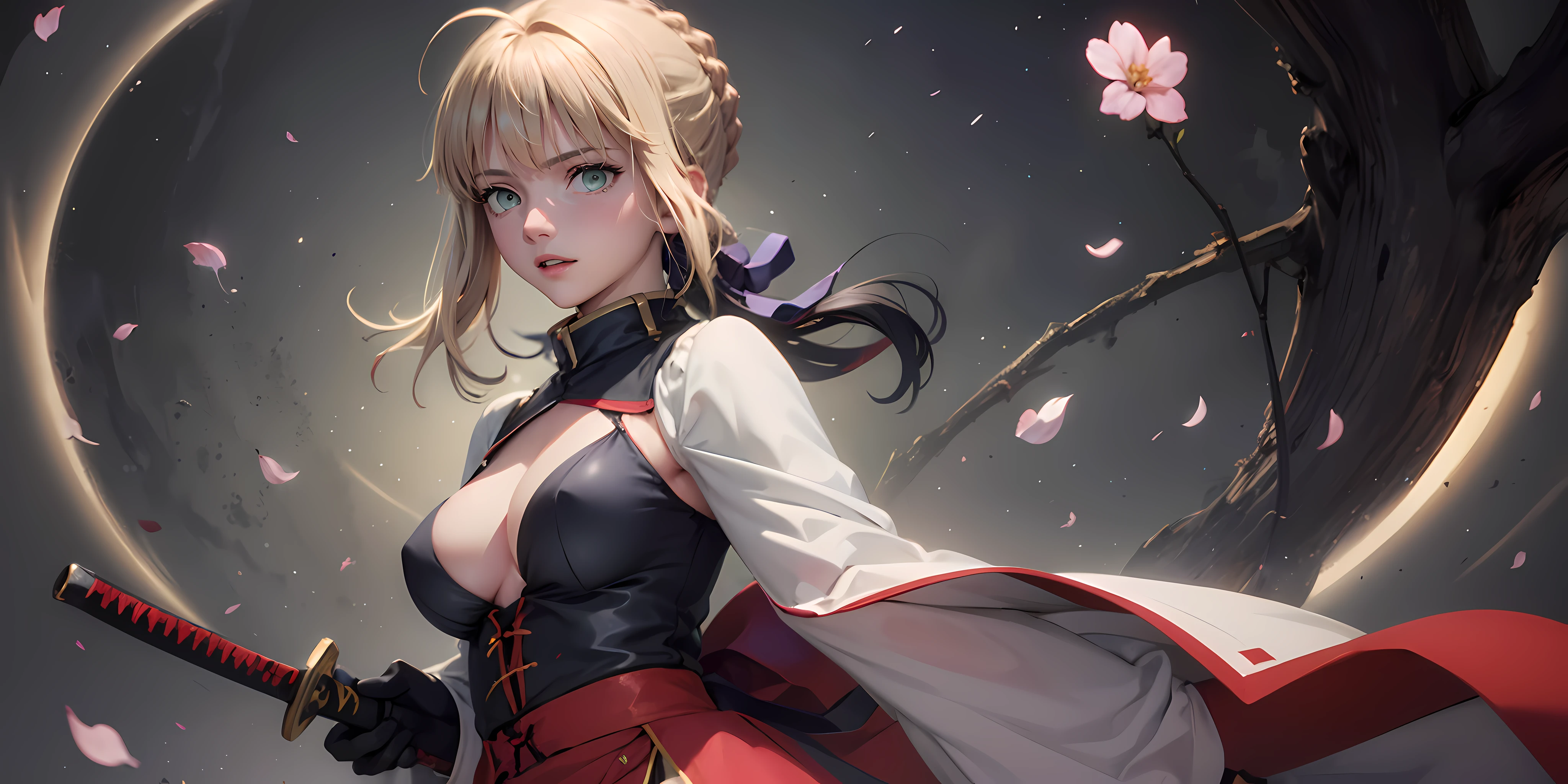 phAltoria. (blonde hair, braid:1.4), sword, weapon, 1girl, petals, long_hair, black_hair, katana, hair_ornament, solo, holding, breasts, moon, holding_weapon, wide_sleeves, holding_sword, cherry_blossoms, sheath, bangs, looking_at_viewer, japanese_clothes, smile, full_moon, long_sleeves, purple_eyes, very_long_hair, ribbon, large_breasts, parted_lips, floating_hair, gloves, hair_ribbon, red_ribbon, flower