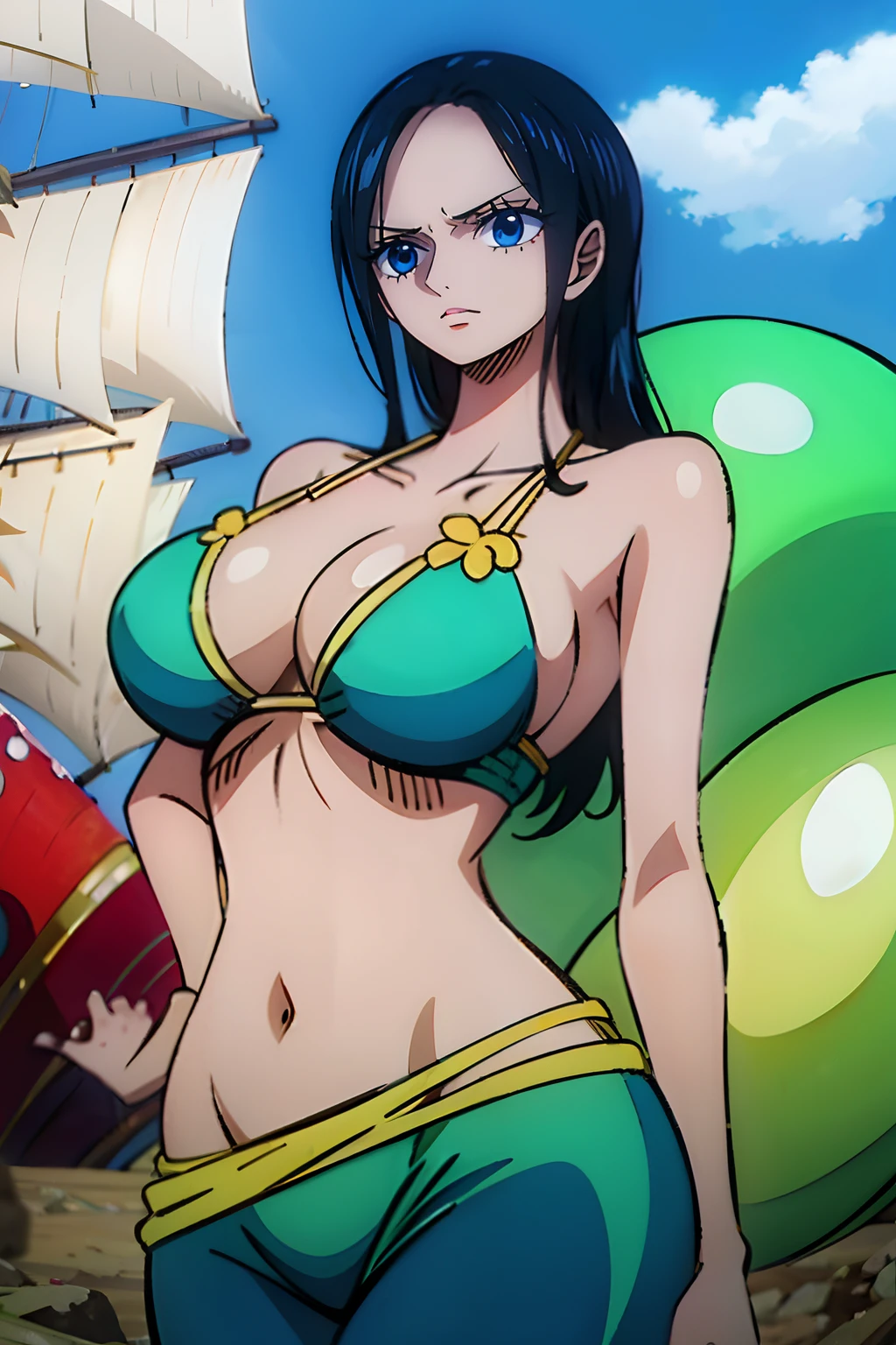 Nico Robin from One Piece wearing a tight green bikini and she’s look happy,  high quality eyes, blue eyes, Shiny eyes, Shiny white skin, puffy red lips, high quality lips, showing the ass, big ass, big boobs, best quality.