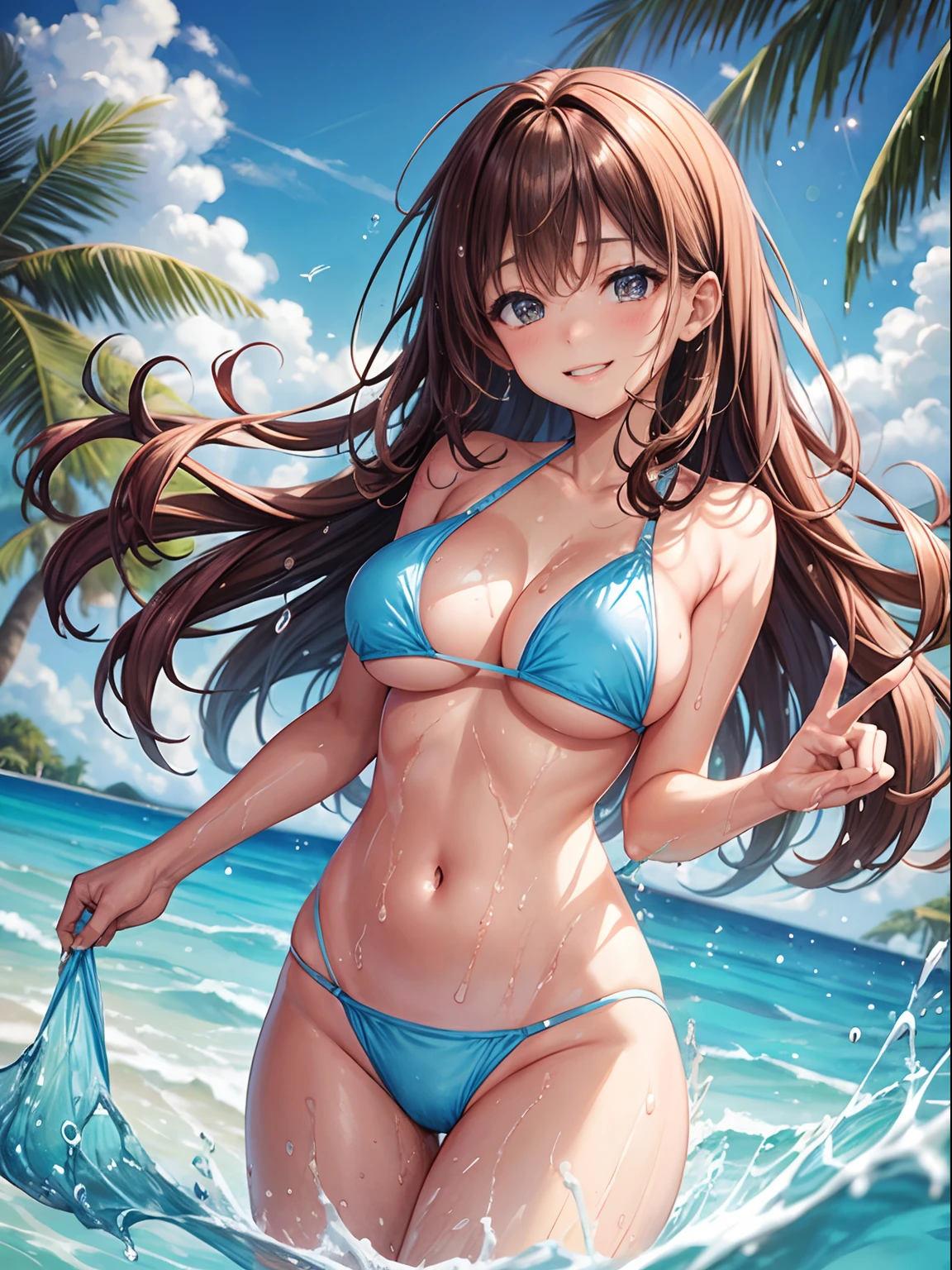 top-quality、Full limbs、complete fingers、One beautiful woman、Beautiful Large Breasts、straight haired、Brown-haired hair、Light blue competitive swimsuit、The bikini、A big smile、Resorts、Maldives、Light blue water surface、sexypose、Open crotch、Wet texture、Water splashes