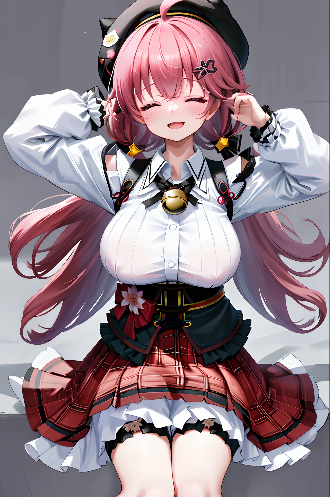 masutepiece, Best_Quality, hight_resolution, miko2,Ponytail, 1girl, Ahoge, black headwear, Hair Ornament, White shirt, black thighhighs, Pink hair, Red_skirt, very_short_skirt, plaid skirts, garter_strap, Collared shirt, hair clips, frilld, Bangs, hair between eye, frills skirt, beret, Pleated skirt, Hair Flower, Neck bell, , puffy long sleeves, Black bow, Underbust, Cowboy Shot,Smile, (gigantic_breasts:1.3),(covered_nipples:1.3), covered_pussy,(closed_eyes:1.3), (happy:1.5), childlike_posing,spread_legs,(childlike_smile:1.2),plump,open_mouth,