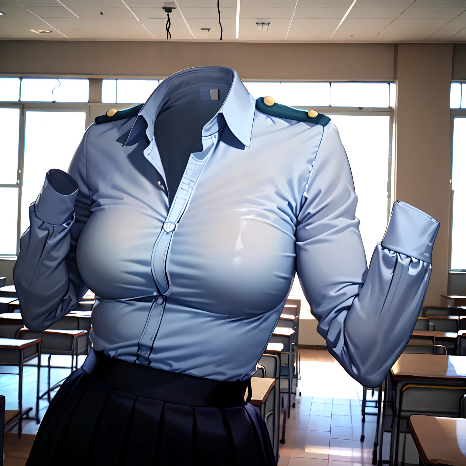 school uniform, ((invisible, no humans:1.5, headless:1.5, handless, legless)), (big breast), (close-up to breast), classroom, (extremely detailed)