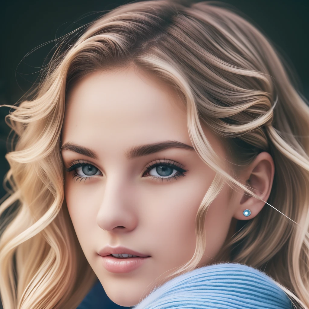 Photo of a 20-year old European girl, raw, beautiful woman, (extra long wavy blonde hair), ((Portrait)), ((detailed face:1.2)), (( detailed face features)), ( Finely detailed skin), plae skin, , in the mall with a bleu sweater ( Cold color), moist, moist, reflectors, ( masutepiece) (perfectly proportions)(photo realistic)( best quality)(detailed) photographed in a Canon EOS R5, 50mm lens , F/2.8, nffsw, (8K) ( wallpaper) (cinematic lighting)(dramatic lighting) ( foco nitido)( convoluted) fashion, from above  - --auto --s2