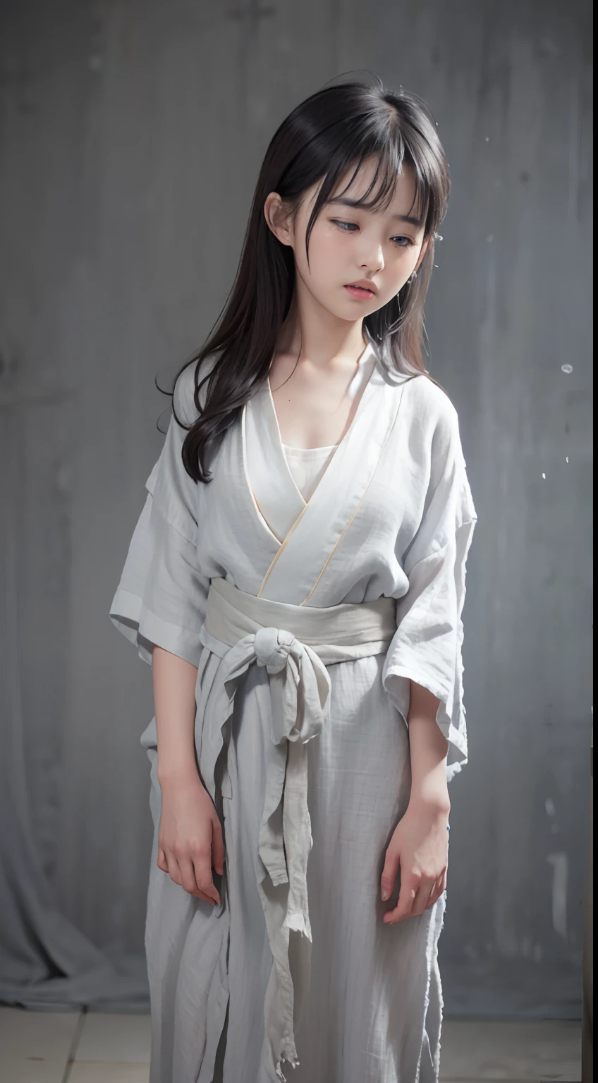 ((Best quality, 8K, Masterpiece :1.3)), Sharp focus:1.2 ， Photorealsitic，(Cinematic lighting)，Facial detail texture. Eye details. Double eyelids, Slender body. Super small breasts, -yeld gi photo-realistic:1.37，Perfect eyes, ((1 girl in a gray yukata))，1 Ninja Girl，Young girl in rags，（white sash），(Thick fabric)，((Ragged linen)),With a petite figure，brunette color hair，Long hair draped loosely，Qi bangs，Stand in the cold, Standing posture，Apology pose，Prison of terror，Torture room，A large number of torture instruments，Full body like，Hands tied behind your back，Clothing covers the whole body，folds，((solid color backdrop))，eye closeds，weeping，streaming tears，agony，sideways standing,clothes torn