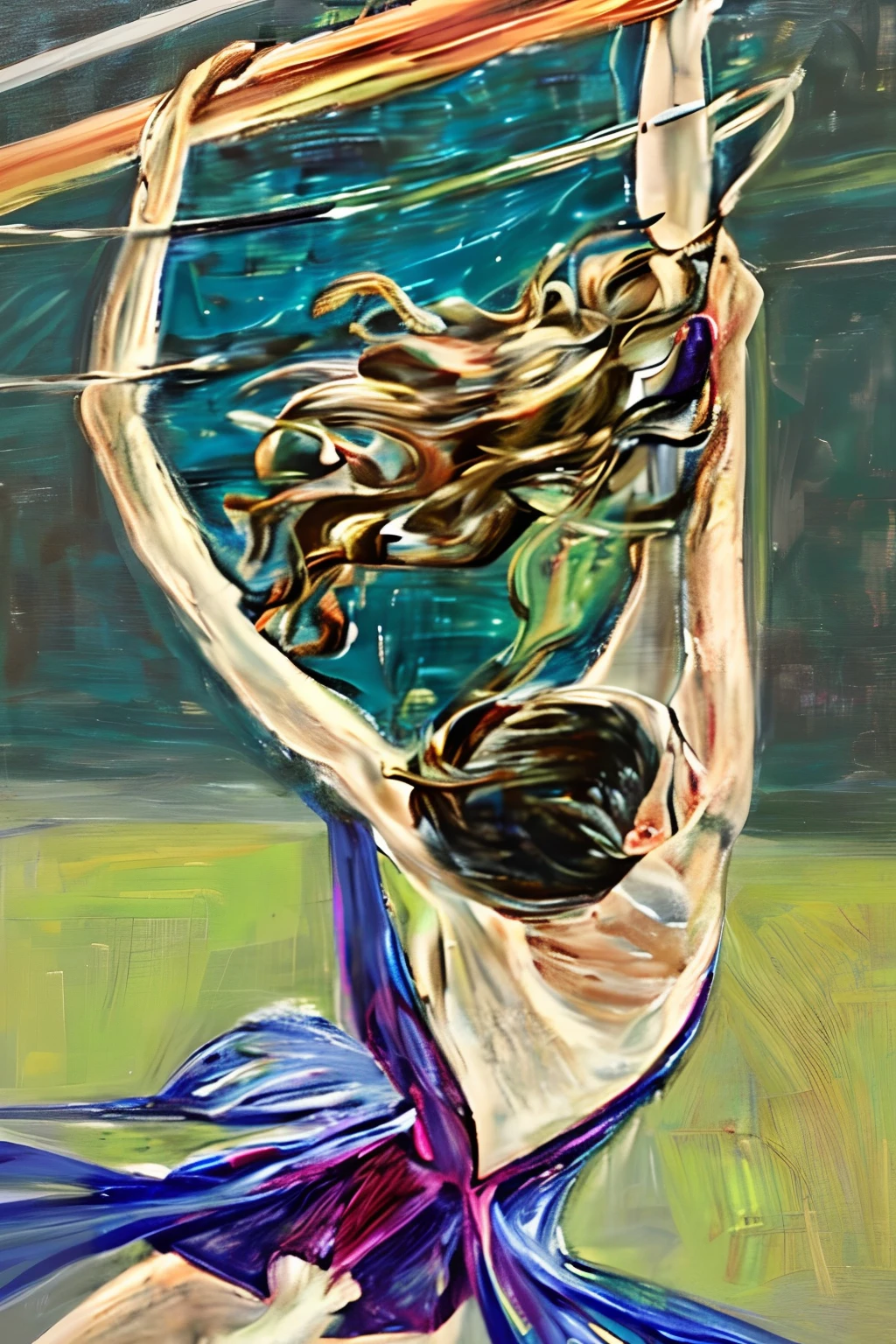 Best Quality, masuter piece, 超A high resolution, (Photorealistic:1.4), Raw photo, Professional Lighting, high-level image quality, high-detail, masterpiece、a 25 year old girl、rhythmic gymnastics、Rhythmic gymnast、Leotard、In the competition、The background is a gymnasium、beautiful countenance