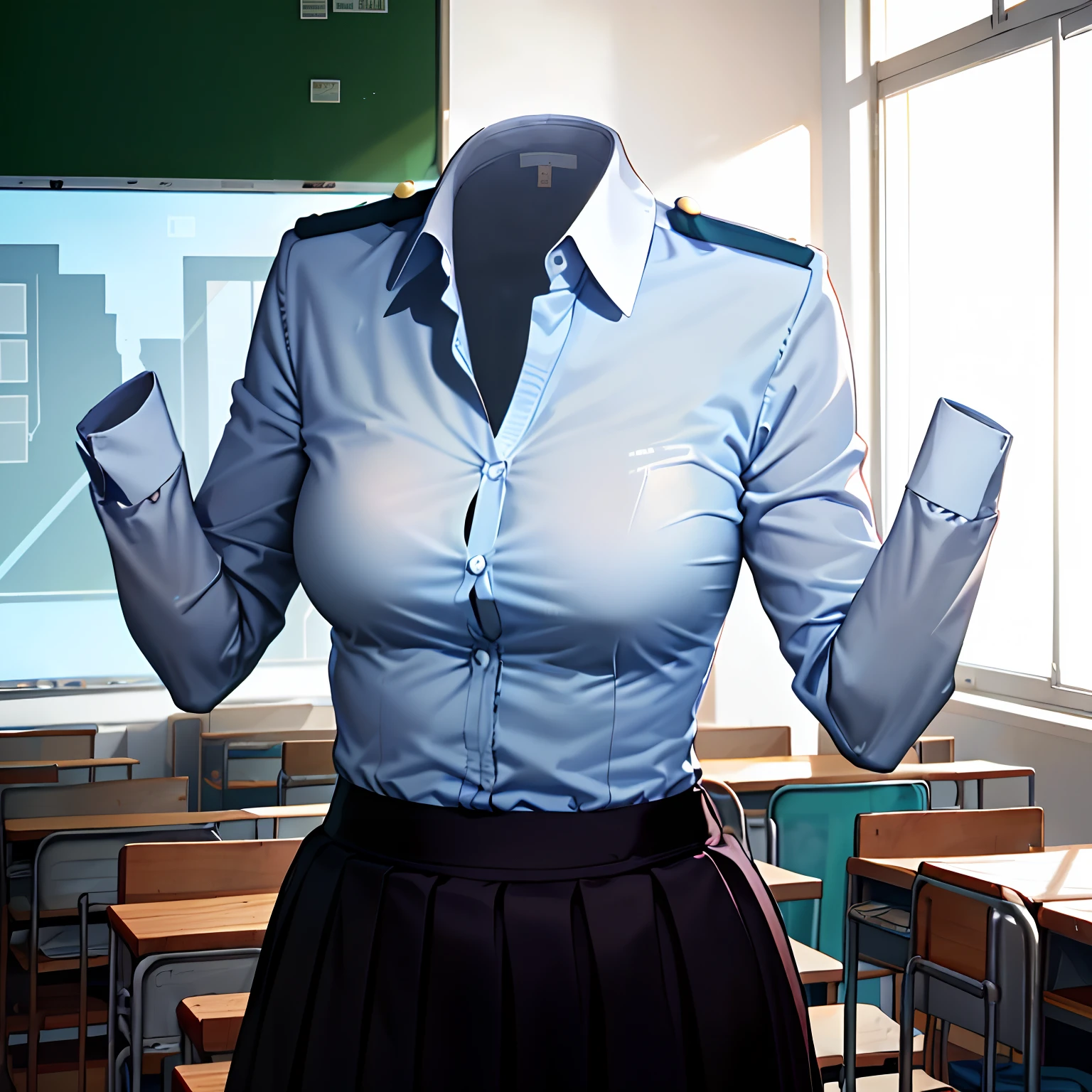 school uniform, ((invisible, no humans:1.5, headless:1.5, handless, legless)), (big breast), (close-up to breast), classroom, (extremely detailed)