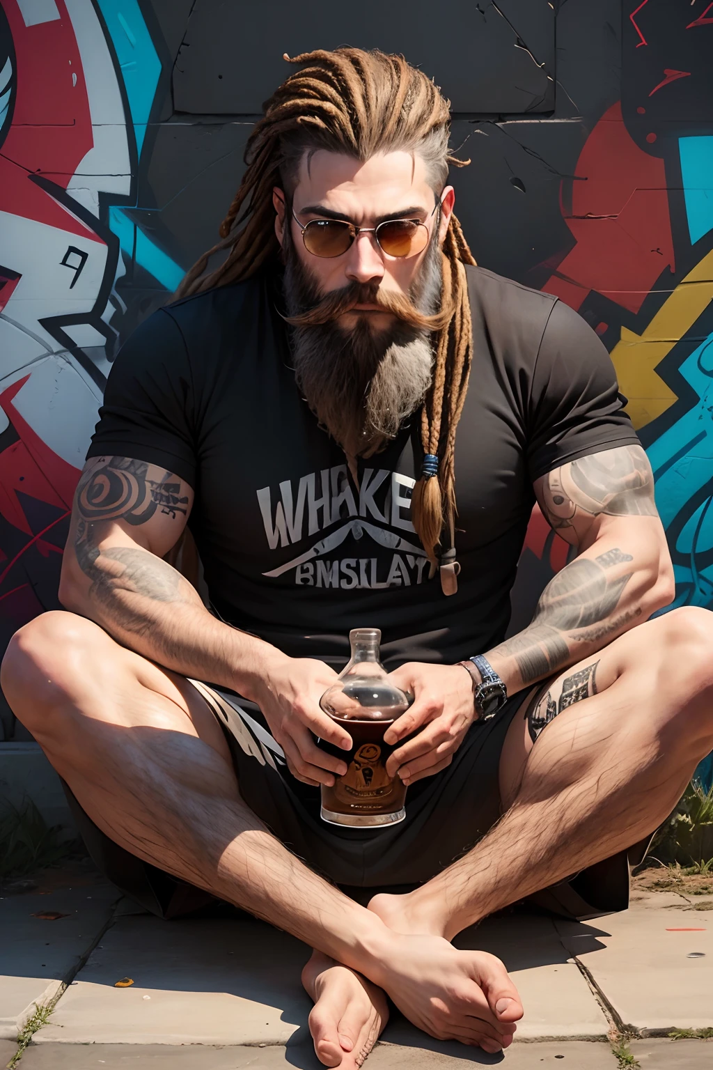 A man with beard, sitting, whiskey, long dred lock hair, a graffiti wall