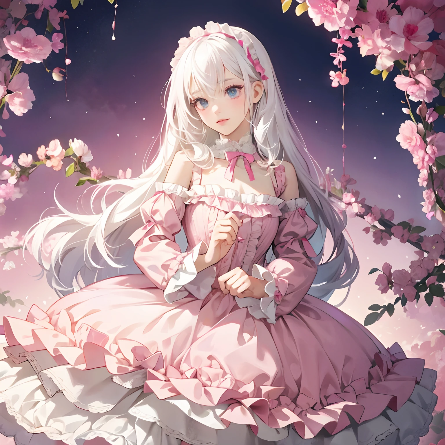 white hair, 1 girl, wearing a pink ta dress, lovely, feminine, childish personality