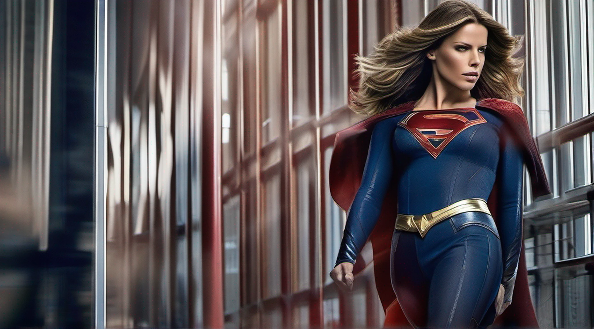 "Kate Beckinsale as Supergirl, wearing a Supergirl costume with sexy physique, rosto jovem, intrincado traje da Supergirl, cabelo longo rabo de cavalo, showing your strength and determination as you walk. Ultra high definition and resolution, capture every detail of his intense expression and powerful posture. Photorealism brings your presence to life."
