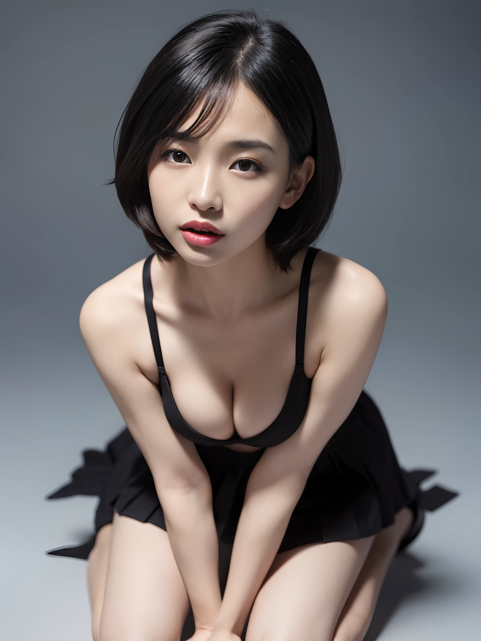 (top-quality、8K、32K、masterpiece、nffsw:1.2)、((Photograph of a black woman:1.2))、very short bobbed hair、sface focus、black suits、simple background、From above、cleavage of the breast、smil、(((Get on your knees)))、(((Recurve the body)))、(((Facing up)))、Emphasis on the chest、begging me to kiss、closing eye、put out the tongue、18 forbidden、Naughty posture、A sexy、(((鎖骨)))