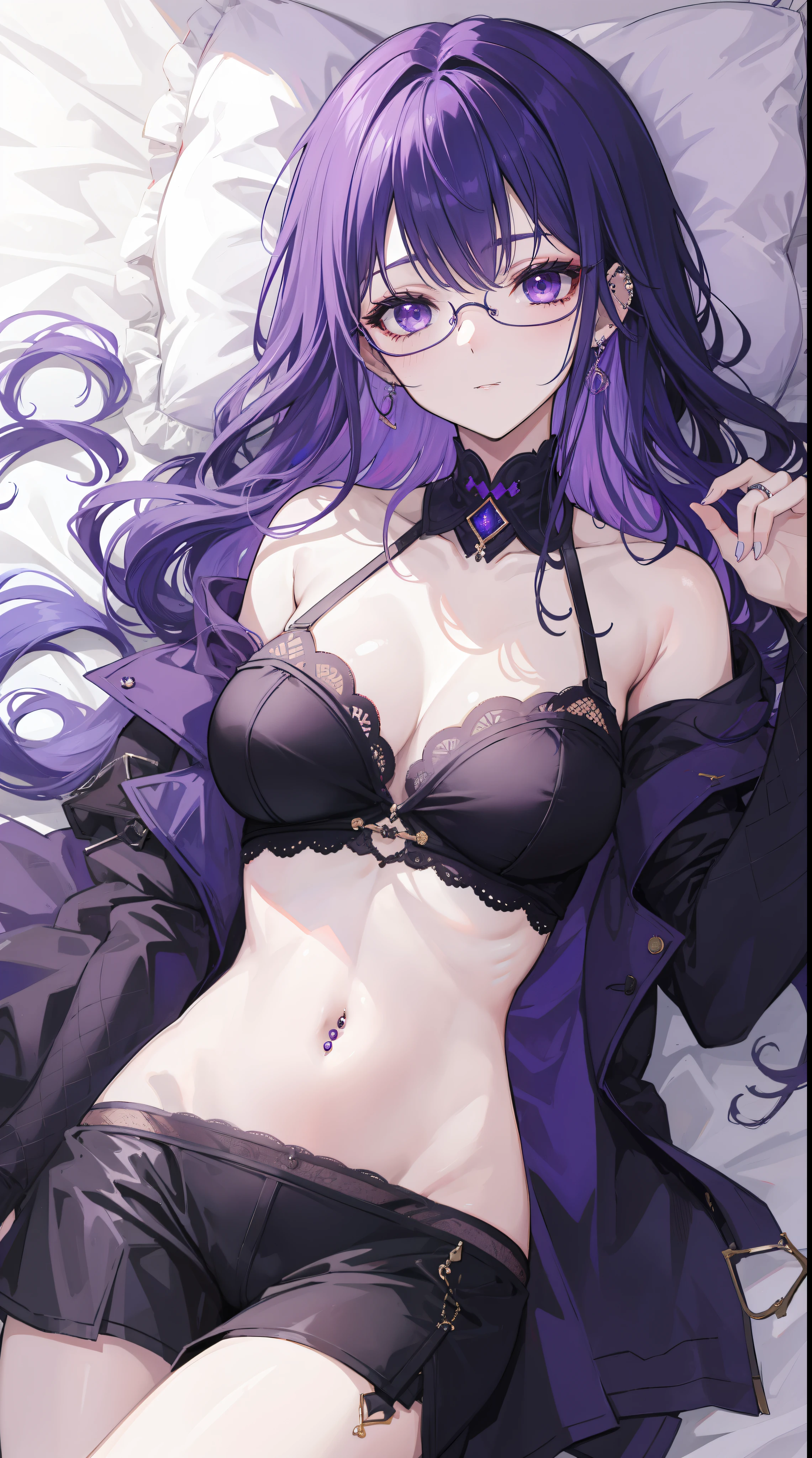 femele、purple haired(Long)、purple eyes、Black-rimmed glasses、Ring piercing on the earlobe、Lying in bed、languid look