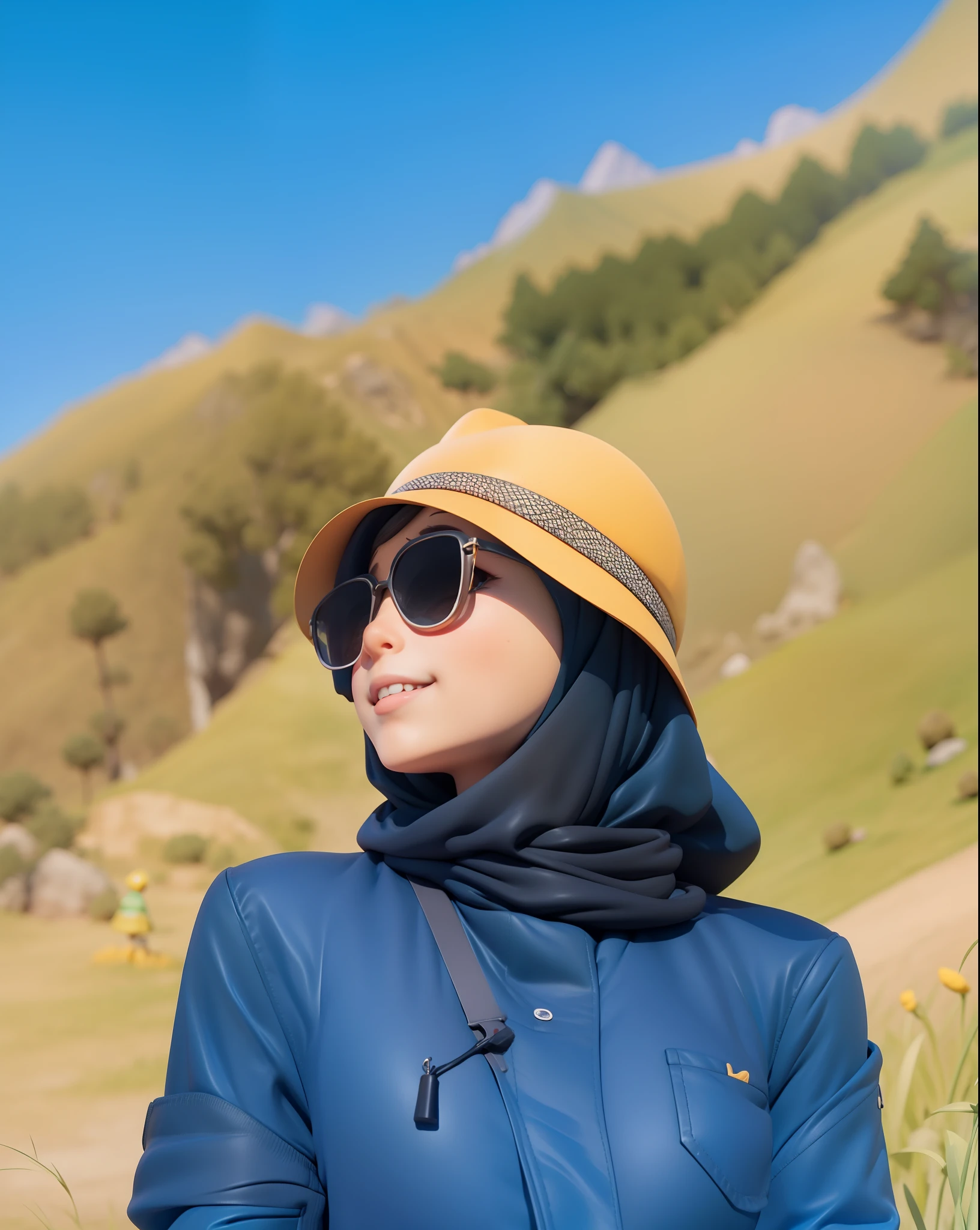 There is a poster depicting a cartoon character wearing a hijab, hair covered in a hijab, wearing a black hijab, a beautiful mini female explorer girl, blue clothes, and wearing a yellow jungle hat, beautiful smile, beautiful big eyes, wearing sunglasses, animation style rendering, cute 3D rendering, small character. Unreal Engine 5, stylized anime, cute detailed digital art, Atey Ghailan 8 K, stylized 3D rendering, adventure surreal rendering, anime style 3D, stylized 3D rendering, side facing, mountain background