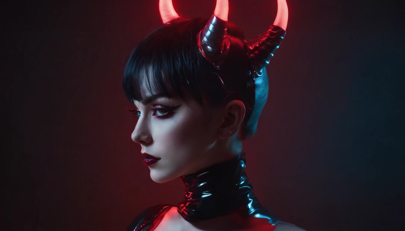 demon woman with horns dressed in latex leotard posing for a photo, sensual pose, upper body, perfect tits, perfect boobs, red neon lights, darsynth vibes, darksynth aesthetic, goth aesthetics, high waisted thong leotard, leotard lingerie, latex lingerie, fetish lingerie, dark and intricate, gothic and futuristic, perfect body, red lights, gothic - cyberpunk, ultra detailed, hyper realistic, masterpiece.