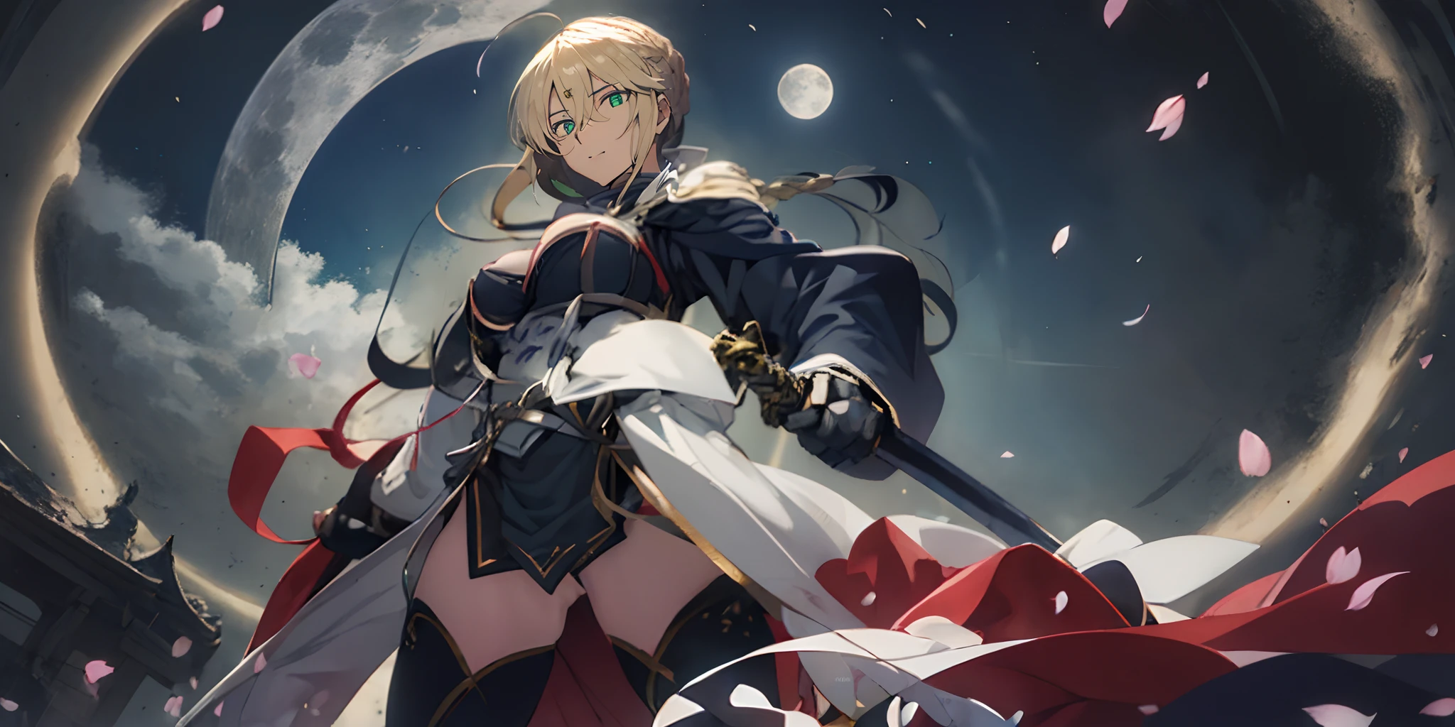 Lancer Artoria, phAltoria. (blonde hair, braid:1.4), sword, weapon, 1girl, petals, long_hair, katana, hair_ornament, solo, holding, breasts, moon, holding_weapon, wide_sleeves, holding_sword, cherry_blossoms, sheath, bangs, looking_at_viewer, japanese_clothes, smile, full_moon, long_sleeves, purple_eyes, very_long_hair, ribbon, large_breasts, parted_lips, floating_hair, gloves, hair_ribbon, red_ribbon, flower