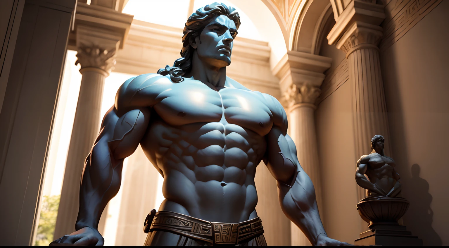 Greek statue of muscular man, stoic, olhando para o lado