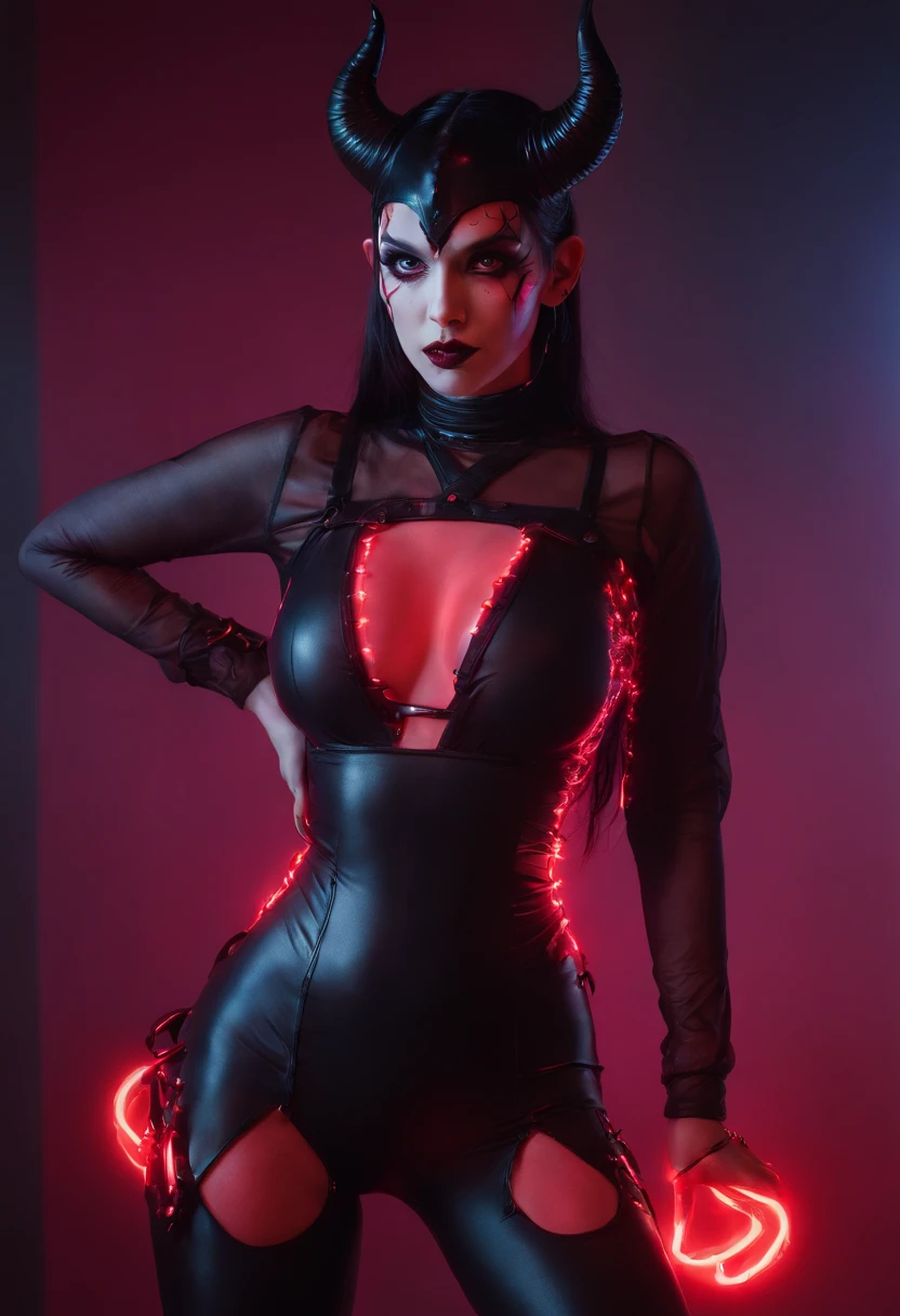 Horned demon woman in latex tights poses for a photo, a sexy pose, Upper body, red neon light, Darchins resonates, goth aesthetic, High-waisted thong tights, Tights underwear, Latex underwear, Fetish lingerie, dark and intricate, gothic and futuristic, Perfect body, red lights, gothic - cyberpunk, Ultra detailed, Ultra photo realsisim, Masterpiece.