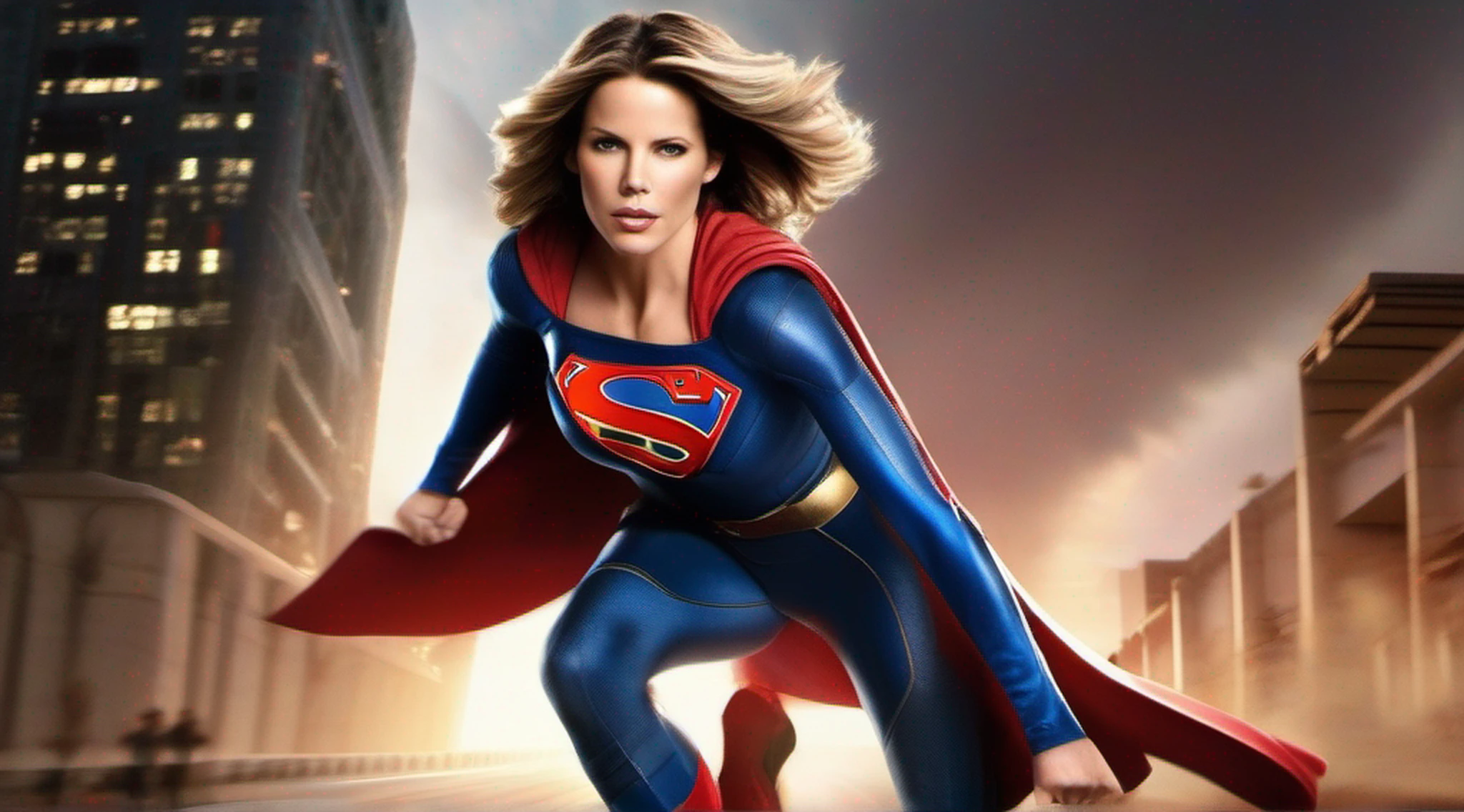  Super Melissa McCarthy(big fat woman; powerful; trusting; higher) 2007 (((Woman defined body strong and firm large breasts; Supergirl 1984s costume dress))) as Supergirl(((Filme da Supergirl de 2007 de Melissa McCarthy))); floating in mid - air. 