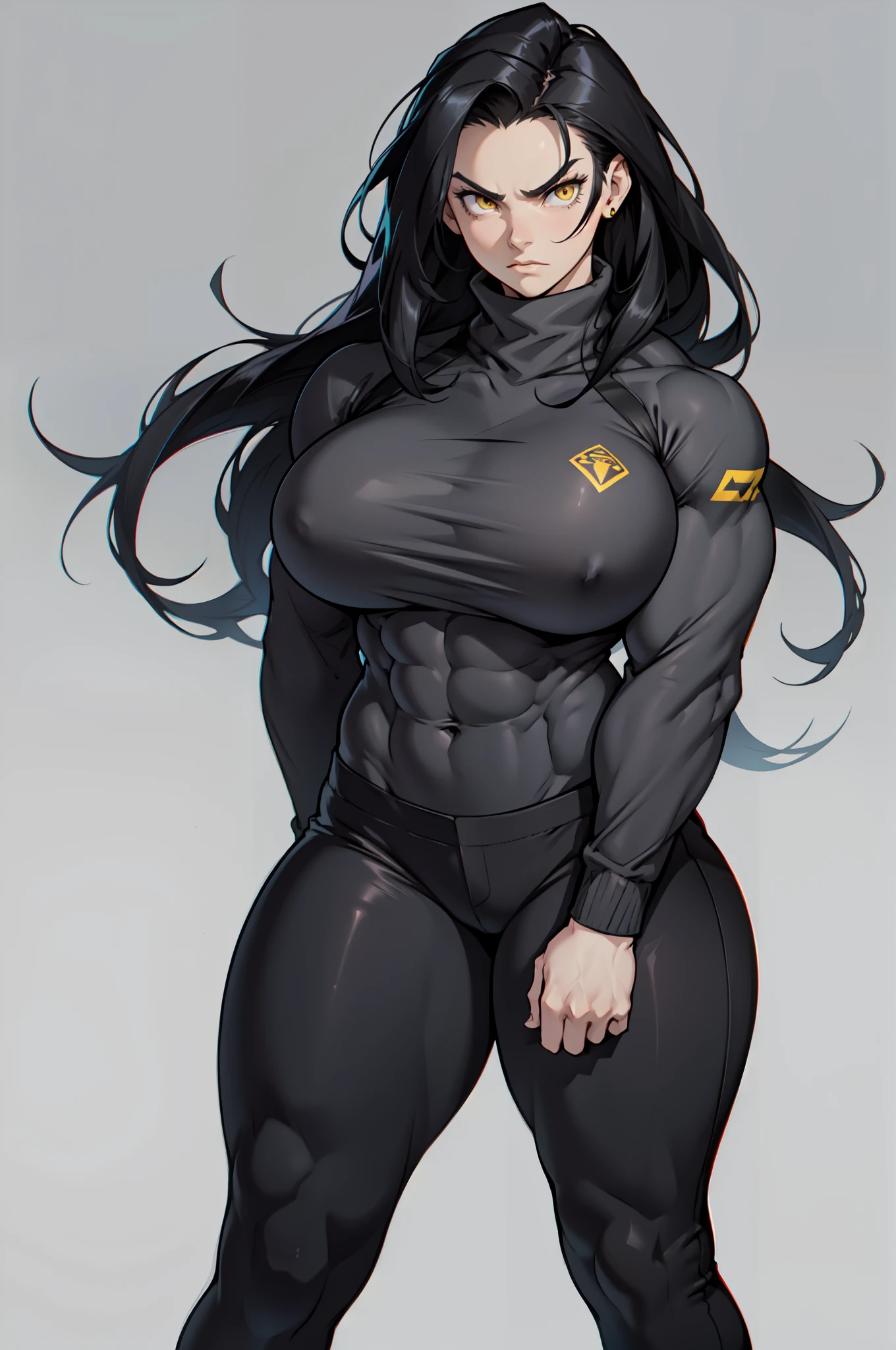 ((grey background)), solo, ((((1 girl)))), very long hair, black hair, angry, yellow eyes, (((((muscular))))), (huge tits), (thick thighs), (wide hips), pale skin, standing, slick hair, turtle neck sweatshirt long sleeves tight pants