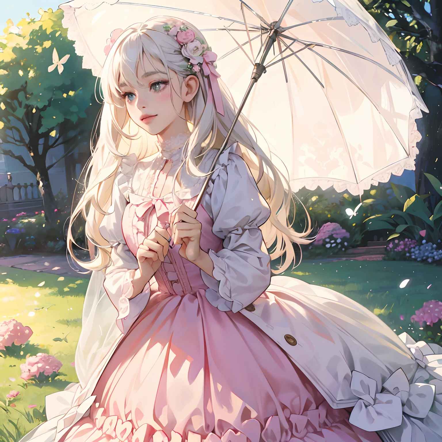 (best quality,4k,8k,highres,masterpiece:1.2),ultra-detailed,(realistic,photorealistic,photo-realistic:1.37),white hair,girl,pink lolita dress,lovely,feminine,childish personality,beautiful detailed eyes,beautiful detailed lips,extremely detailed eyes and face,longeyelashes,soft and flowing white hair,rosy cheeks,a bright and innocent smile,fair and flawless skin,nostalgic and dreamy atmosphere,whimsical garden background bursting with vibrant flowers and lush greenery,playful butterflies dancing around her,pink satin ribbons adorning her hair,dainty lace trimmings on her dress,delicate frills and bows accentuating her attire,a beautiful pearl necklace,carrying a pastel-colored parasol,embracing a fluffy bunny toy,sparkling morning dew on the grass,soft sunlight casting a gentle glow on her,subtle pastel color palette with shades of pinks and whites,hint of magical glow surrounding her,painting-like texture with fine brushstrokes,soft light and shadows giving depth and dimension to the image,vivid colors and rich details bringing the scene to life,creating a whimsical and enchanting artwork.