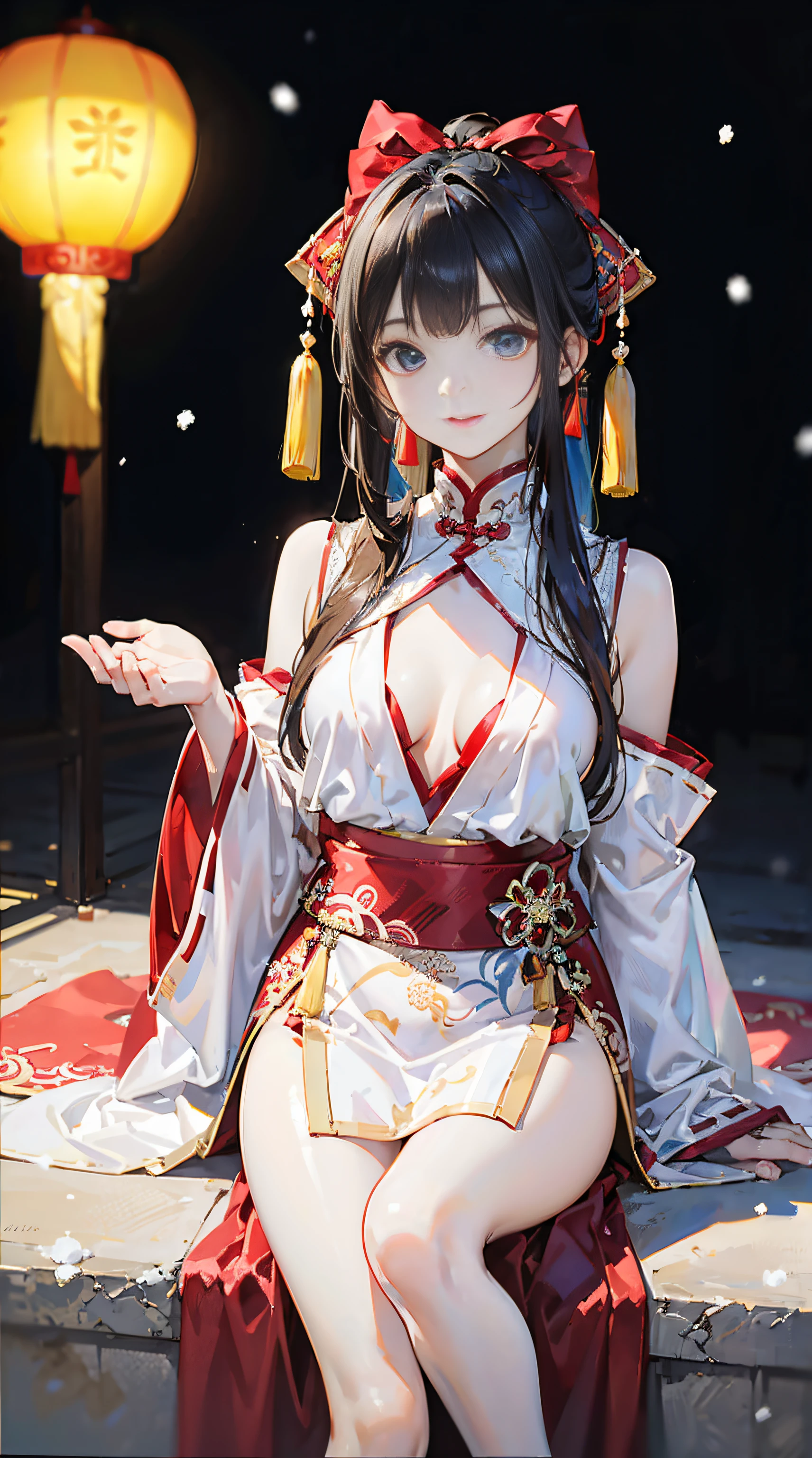(film portrait photography, 1girll, exposed bare shoulders:1.5,shadowing:1.4,At night:1.4,janelas,Lanterns)(Realistic detailed eyes, Natural skin texture, Realistic facial details)(Soft dramatic lighting, depth of fields, Bokeh, vibrant detail, finedetail, hyper realisitc, 35mm film, Hazy and blurry, Photorealism,smallunderboob,鎖骨:1.5)(ar old,Ancient Chinese girl:1.6,Lori huge breasts cleavage,watch audience,Pick up a teacup and drink,Detailed snow)(Be red in the face:1.5,Petite figure,ssmile,Small red lips:1.4,eye shadows:1.2,Gorgeous Ming Dynasty red long-sleeved Hanfu:1.5,wearing hair bow:1.4,naked leg:1.3,Stretch cute white feet,French bangs,double-ponytail:1.4,Chinese Ancient Architecture)(Sit indoors,heavy snowy)