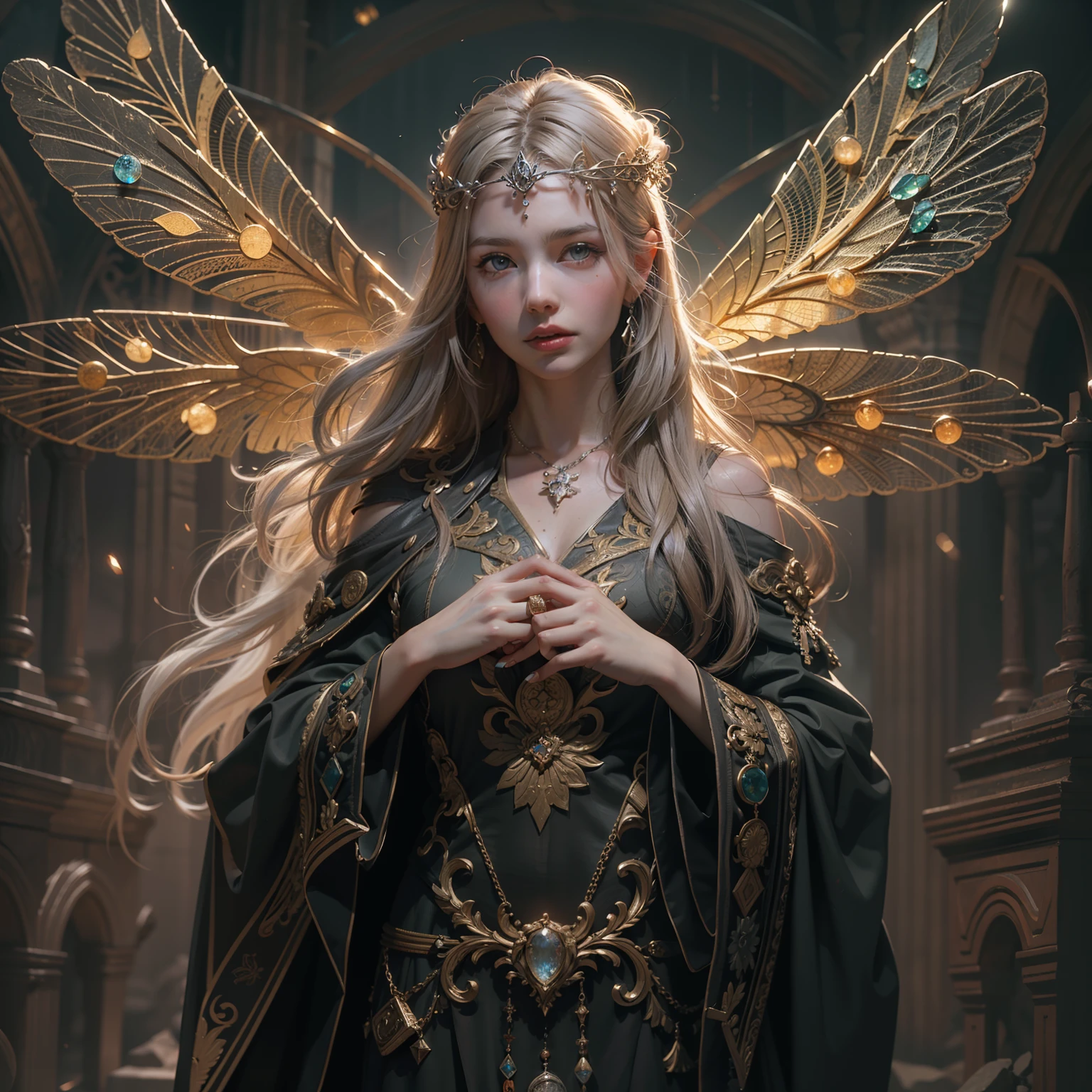 (highly detailed photo:1.1), 8k, photorealistic, insanely detailed:1.5), (highest quality) an image with a fairy light up, with wings, in the style of digital art techniques, colorful costumes, paul barson, delicate realism, vibrant illustrations, delicate chromatics, wiccan