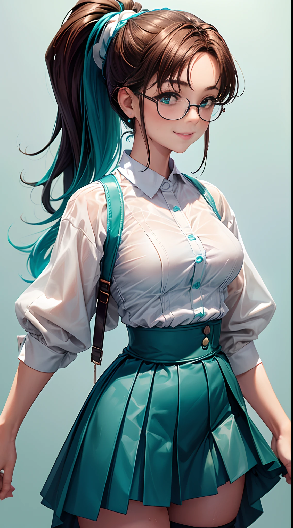 1womanl,ar old,wn hair,Beautiful ponytail hairstyle, (Teal High Waist Skirt:1.3),, (whiteshirt:1.3), (double-breasted,Underbust:1.2), Short sleeves, buttonGap,A smile,small tits,Frameless glasses,