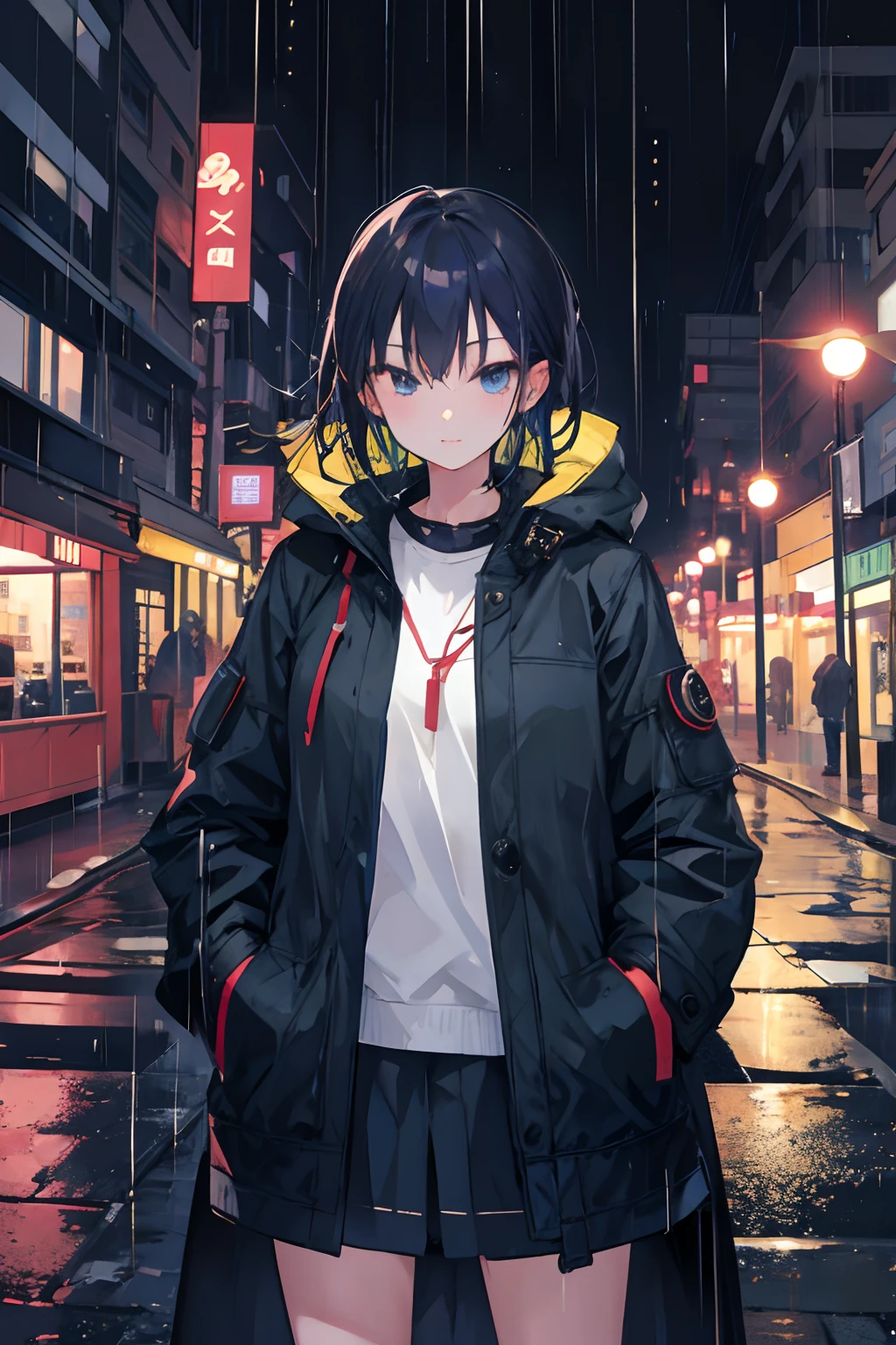 1girl, Night City, rain, coat, hands in pockets