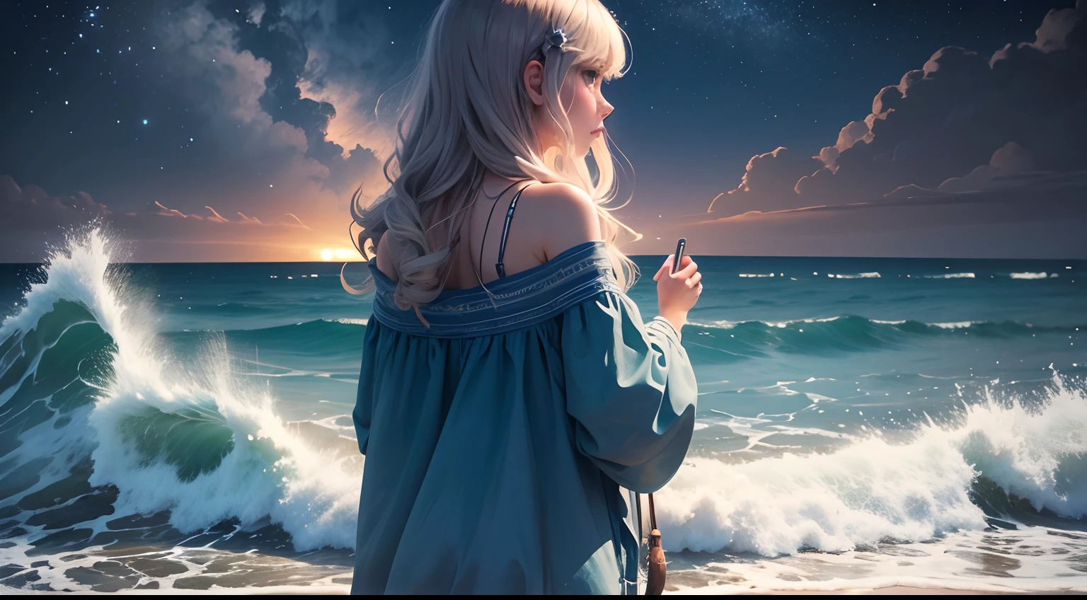 Mar, ondas, starly sky