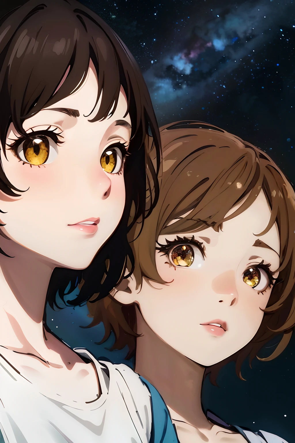 (highres, best quality:1.2), 1girl, radiance, soft contours, beautiful drawing, upper body, concept art, eyelashes, kyoani hyouka style, detailed background, bright colors,
big eyes, upper body, close-up, shining yellow  eyes, starry sky,  colorful shining sparking hair, realistic shadows, high quality shadows,