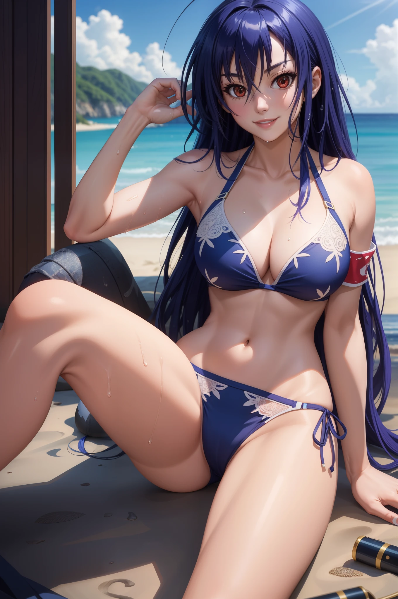 glossy skin:1.4, beach, lying, shadow, smile:1.2, armband, long hair, bikini, bikini, wet, kurokami medaka, red eyes:1.2, blue hair, long hair, ahoge, large breasts:1.2, cowboy shot, perfect eyes:1.2, detailed eyes:1.6, Ultra-realistic 8K CG, masterpiece, ((ultra-detailed background, delicate pattern, intricate details)), best quality, intricate details, 1girl, solo, (masterpiece:1.6, best quality)