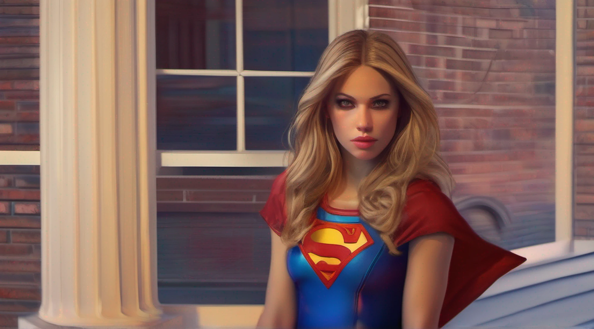 Scene from the movie, Supergirl (sexy, big boobs) sitting on an expensive sports car