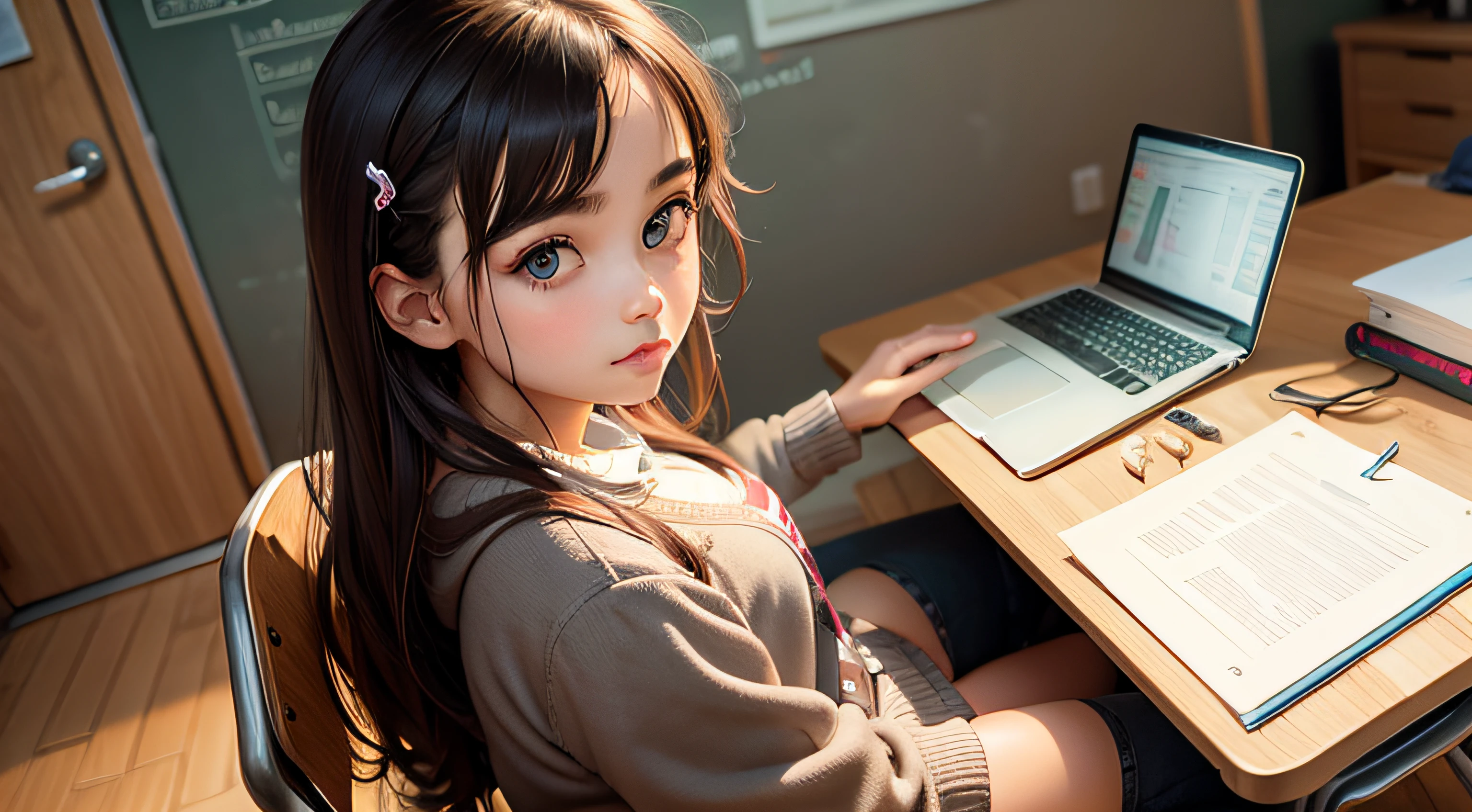 a girl, demon, demongirl, horns, in Internet cafe, playing game, masterpiece, Smokey eyes makeup, pale skin, oil paint style,huoshen
