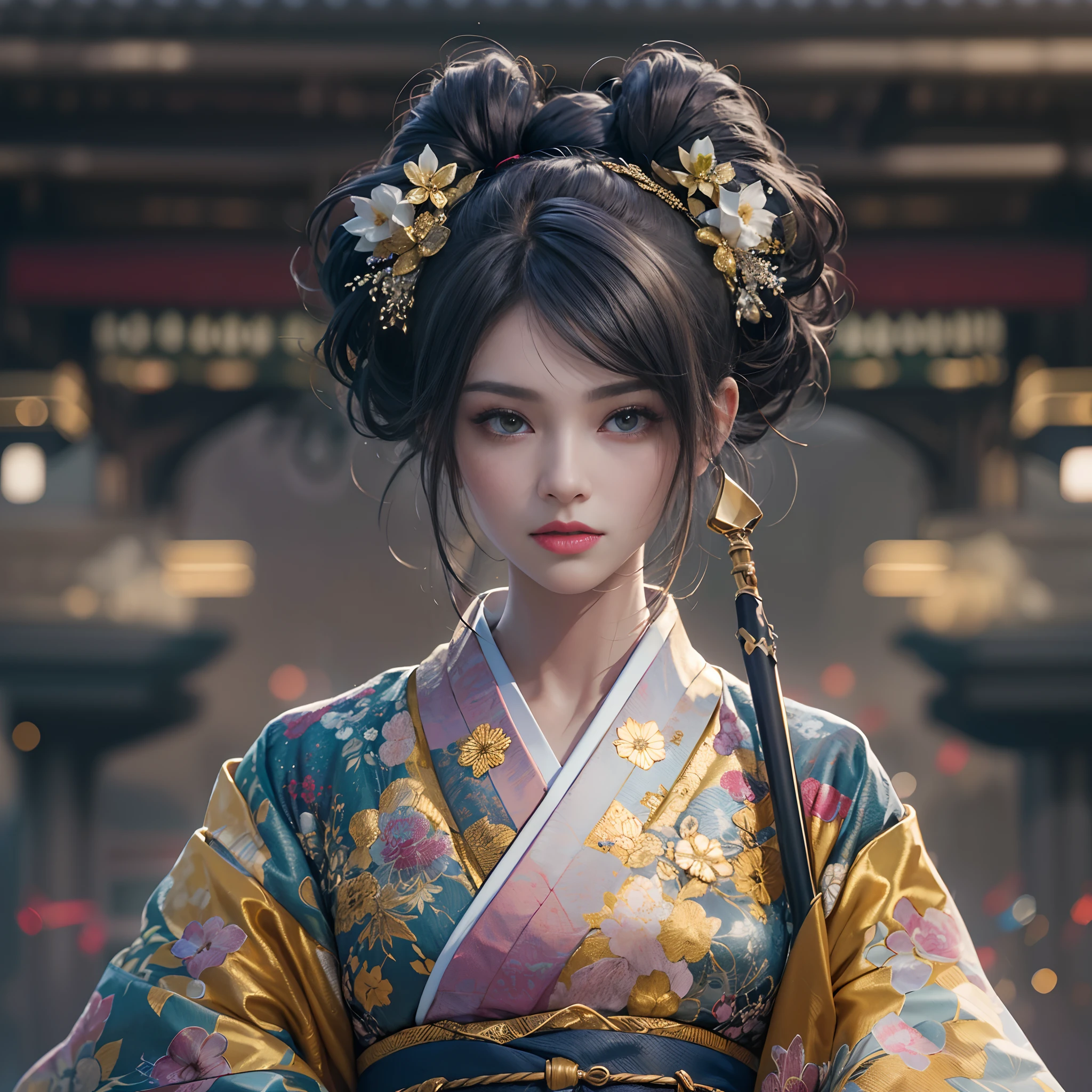 watching at viewers、Background with((ancient city:1.2)And the moon、(dense background:1.5))、BREAK {{{Luxury kimono(Colorful kimono(Detailed golden embroidery,))}}}、face perfect,Depict a beautiful and graceful woman of Japan,poneyTail、Woman with shiny black hair、perfect hand,Heart in the eye。odd eye,full body Esbian,Blur the background with a sickle,((masutepiece)), ((Best Quality))Wallpapers 16K, .Blur the background with a sickle,BREAK,((masutepiece)), ((Best Quality)),epicd(Lige Fries Photography、sony a7、50 millimeters、pores:1.5、Farbe、ultra-detailliert:1.5、film grains:1.4、hyper realisitic:1.5)、octan render、 ultra realistic lifelike textures、masterpiece、unrealengine5、the Extremely Detailed CG Unity 8K Wallpapers、Madly detailed photo、Ultra-realistic light、(Pulitzer Prize for Best Photography、Taylor Wessing Award for Best Photography)