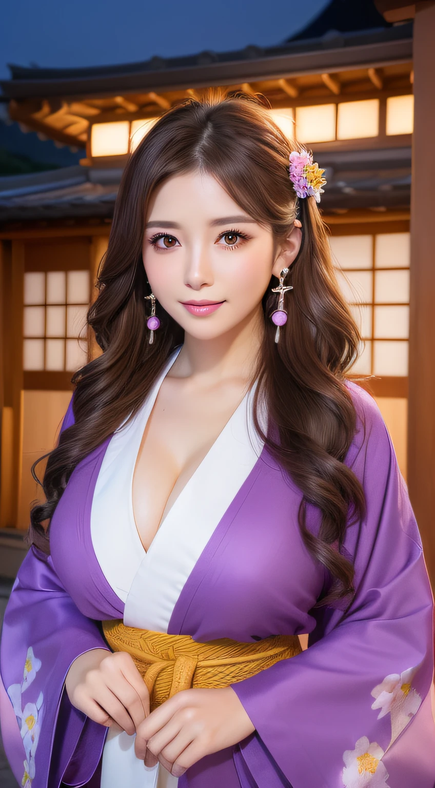 Female((30-years old)), hair((brown, Wavy, long)), Eyes((brown, Smart Eyes)), Clothes((Purple kimono)), Accessories ((flower hair clip, earrings)), lipgloss, Smile, Japanese houses, nigh sky, lantern, huge-breasted, huge tit, oppai,