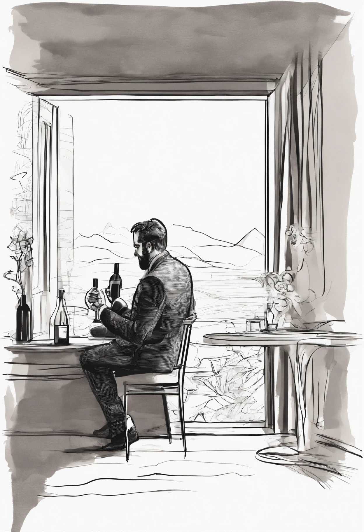 Man sitting sadly, drinking wine, hand drawn, water color painting, novel art, abstract, full detail
