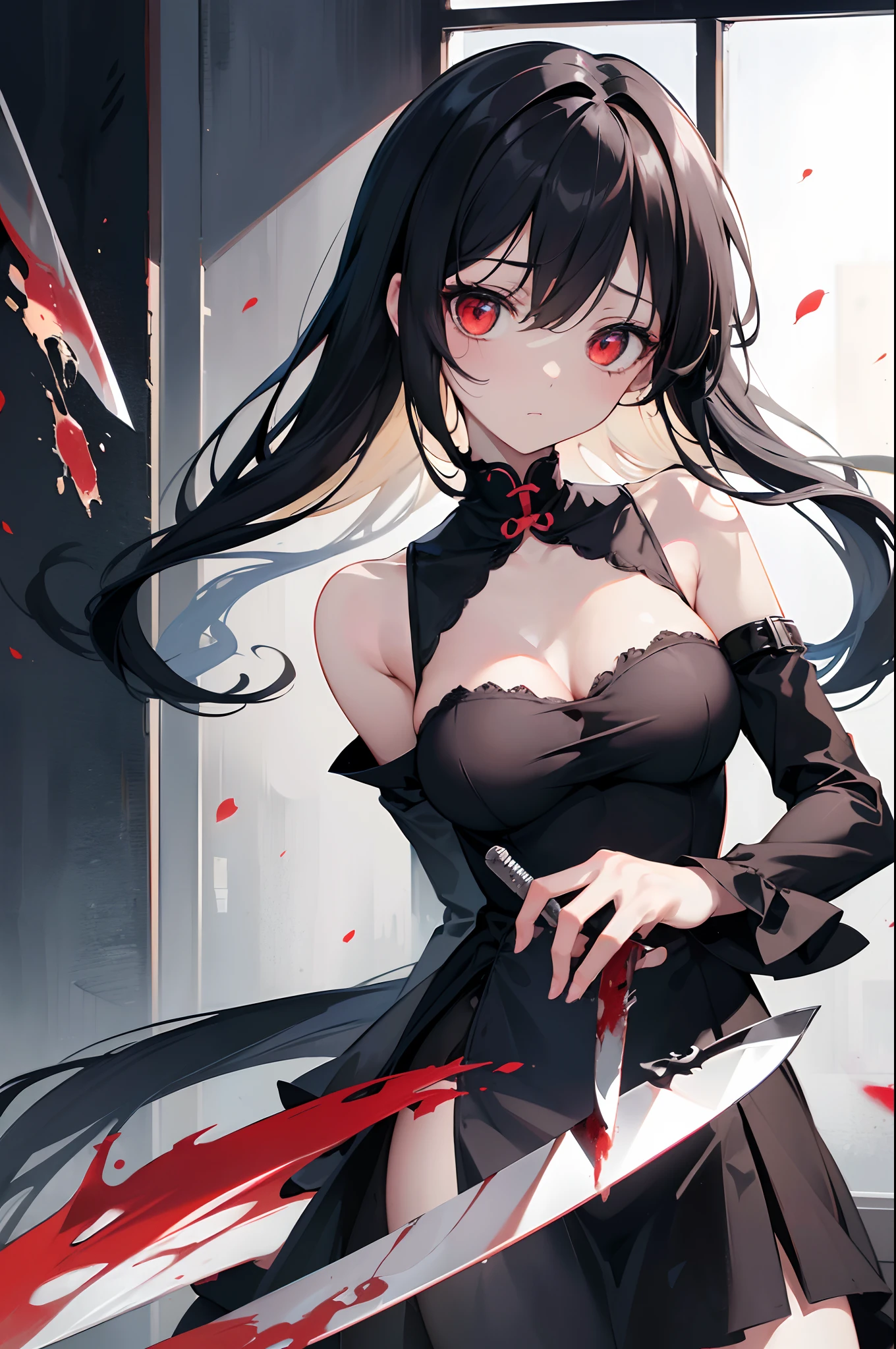 high resolution,(incredibly absurdres), (hires.fix:1.3),anime visual,extremely detailed CG unity 8k wallpaper, ((masterpiece)), ((top-quality)), (beautiful illustration), ((an extremely delicate and beautiful)), 1 loli girl, zombie ,((murderer girl )),((holding bloody kitchen knife)),(cowboy shot), character focus,(( bloody body)), ((bare breasts)), ((rape eyes)) ,laugh,black hair, long hair, ribbon , red eyes, glowing eyes,black dress, darkness