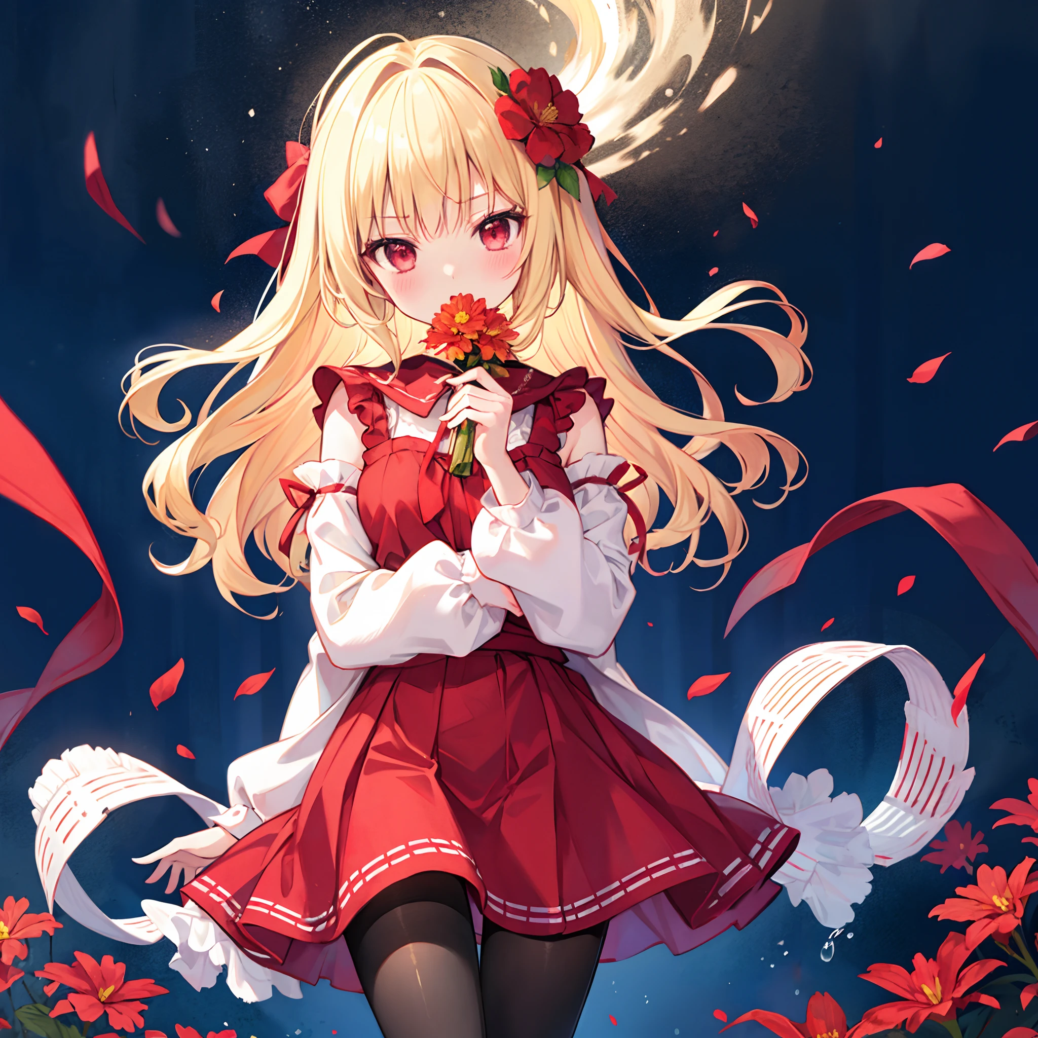 Wavy blonde、Red ribbons、red eyes、Beautiful girl alone、red blush、Fluffy clothes、Black tights、flower field
