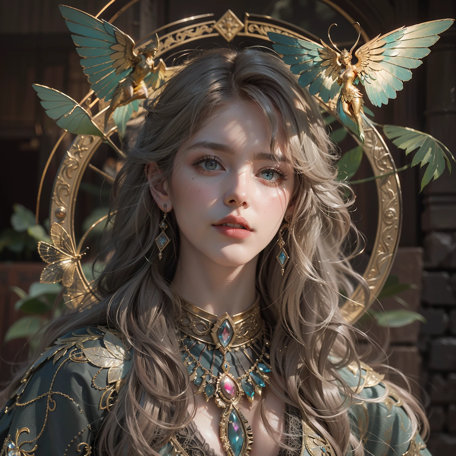 Taylor swift as (Numerous award-winning masterpieces, with incredible detail, textures and maximum detail), (full-body standing image:1.8), (upper body up:0.3), (hyper realistic:1.4), (realistic:1.3), (best quality real texture skin), (Beautiful fairy high rank wizard: 1.7), (holds a long wizard's staff that is elaborately decorated and emits a mysterious light: 1.7), (finely detailed true circle Symmetrical eyes), (finely drawn beautiful face), ((medieval world)), (Wearing a wizard's black hat: 1.6), (A jet-black cloak with delicate decorations: 1.6), (A cloak with delicate decorations, although it is damaged and faded: 1.5), (full-body standing image:1.8), (Beautiful clear eyes), (slight smile), (beautiful colored eyes full of joy), (Advanced fairy wizard who releases magic from his fingertips: 1.3), (Shining majestic cloud masses and sky:1.4), (Magic circle that emits light strongly: 1.3), Dramatic Light, majestic sight, (Four large, transparent wings with wing veins similar to dragonfly wings behind the shoulders: 1.9), (((folded wings))), Glass earrings on the ears, (((dramatic photo))), (full-body standing image:1.8), (golden hair), (silver hair), (chestnut hair), Short cut hair, ((looks up)), ((looking down)), (Around her neck is a simple necklace of exquisite workmanship), Old ruins infested with plants, great temple, great cathedral, temple ruins, detached temple, (Luminous magic circle), Ruins of an ancient castle, Deserted ruins, crumbling ruins, Ancient ruins with clear water, highly detailed, ultra-realistic, intricate details, painting (artwork), ((masterpiece,best quality)), ((cinematic light)), hyper realistic, fearsome, dark fantasy, Sacred Light, epic realistic, faded, ((neutral colors)), art, (hdr:1.5), (muted colors:1.2), hyper detailed, (art station:1.5), cinematic, warm lights, light effect, dramatic light, (intricate details:1.1), complex background, (Greg Rutkowski:0.8), (teal and orange:0.4),