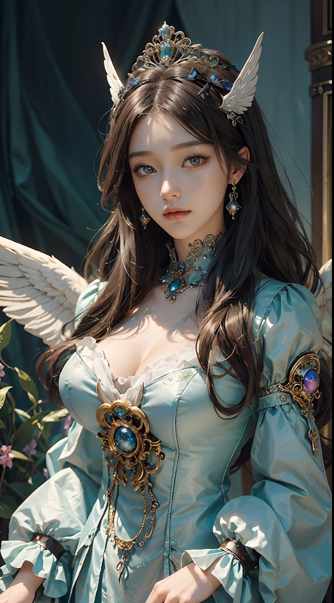 a close up of a drawing of a woman in a dress,with long coiled hair,beautidful eyes,Angel wings, butterflys,korean art nouveau anime, steampunk angel, anime art nouveau, ((a beautiful fantasy empress)), Exquisite digital illustration, in the art style of bowater, A beautiful artwork illustration, steampunk beautiful anime woman, Anime fantasy illustration, a beautiful fantasy empress, highly detailed exquisite fanart,high detal,high qulity,Good atmosphere,delicated,cg render,detail render,(Delicate facial portrayal)(Fine hair portrayal)(highest quality)(Master masterpieces)(High degree of completion)(a sense of atmosphere)