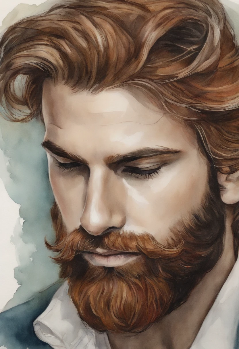 calmo, pintura a tinta e aquarela, retratando um homen com pouca barba e com um cabelo amarrado, olhar sereno, paz