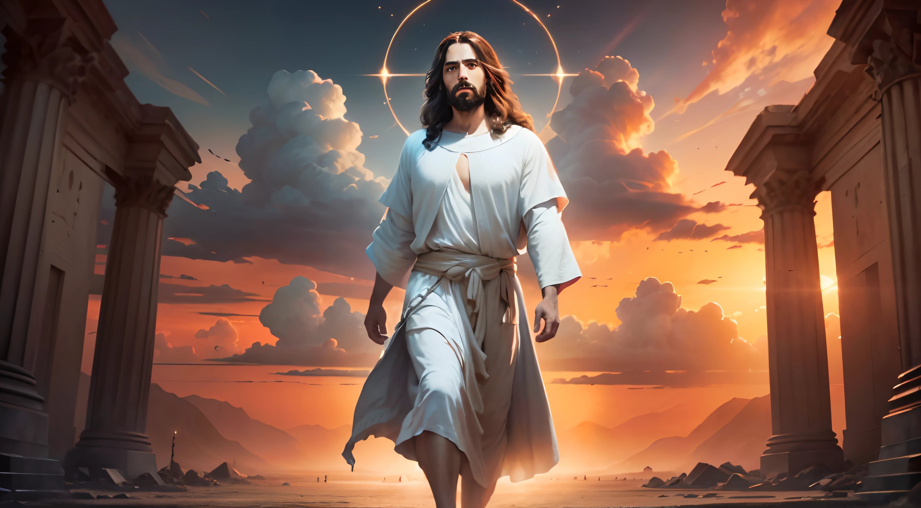 (A portrait of Jesus:1.1,cuerpo completo),(Cielo:1.1,nubes),(puesta del sol),(Aura sagrada:1.1),(Kinematic:1.1),(realistic lighting),(Epic poster),(hermoso paisaje)